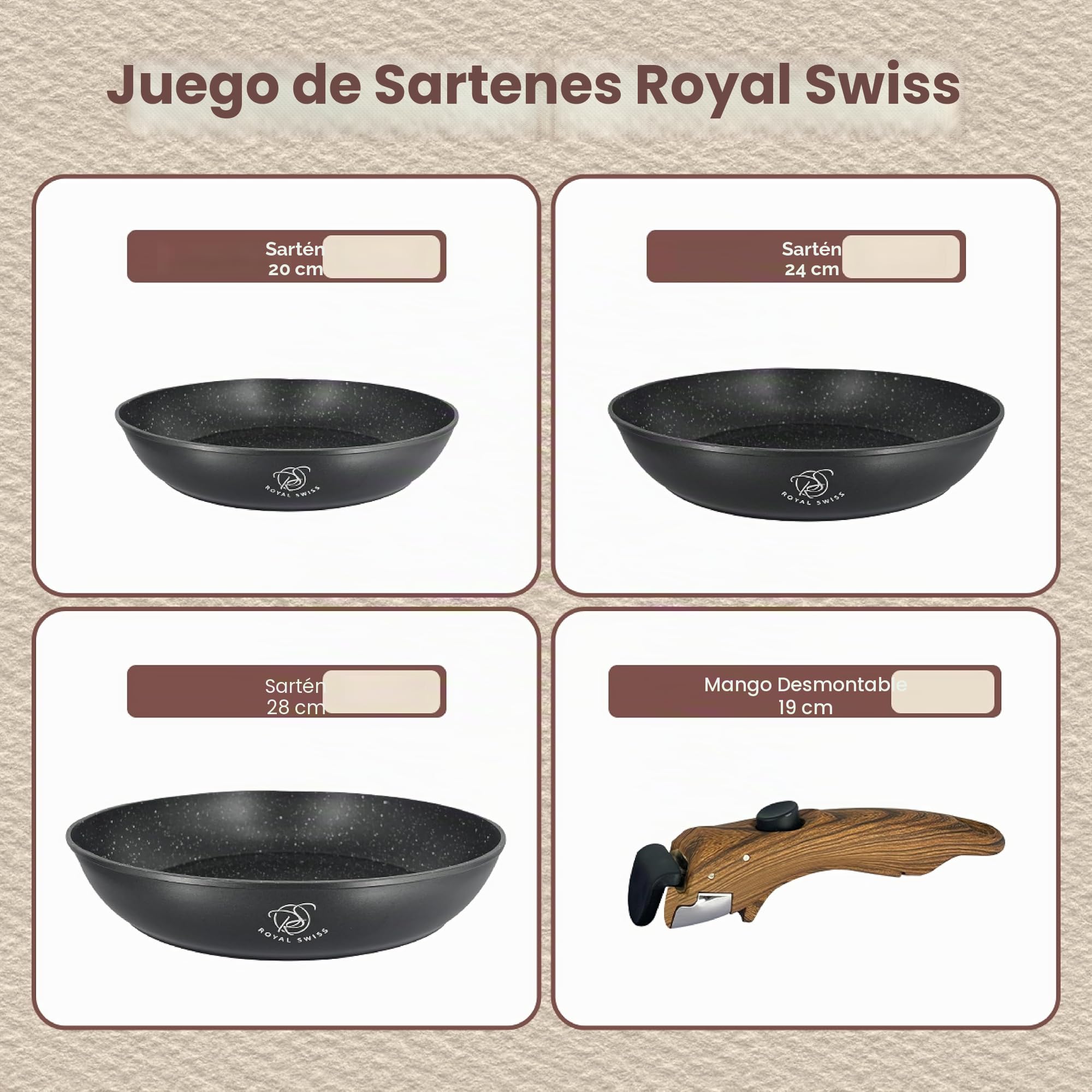Royal Swiss® Set de ollas, 4 piezas, mango desmontable, revestimiento de mármol, inducción, sin PFAS, para todo tipo de fuentes de calor, negro (negro, 4)
