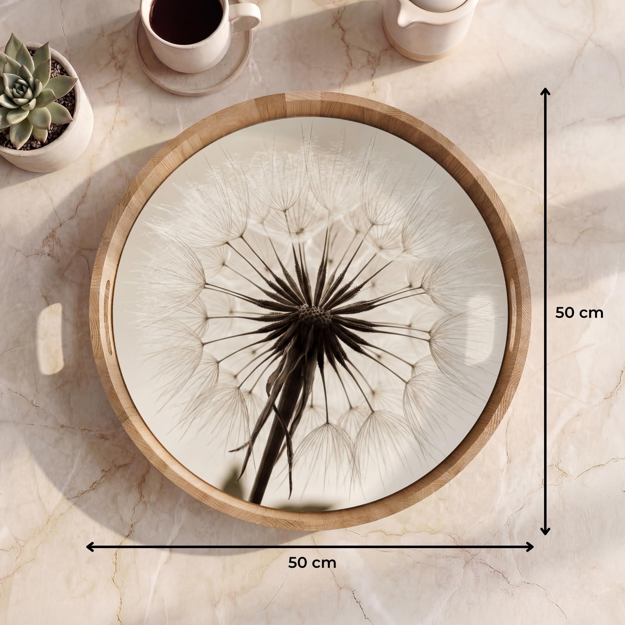 Tablett Rund 50x50 cm Serviertablett rutschfest Griff Küchentablett Servierplatte Eiche Holztablett Hitzebeständig Kaffeetablett Pusteblume - Minimalistisch - Weiß