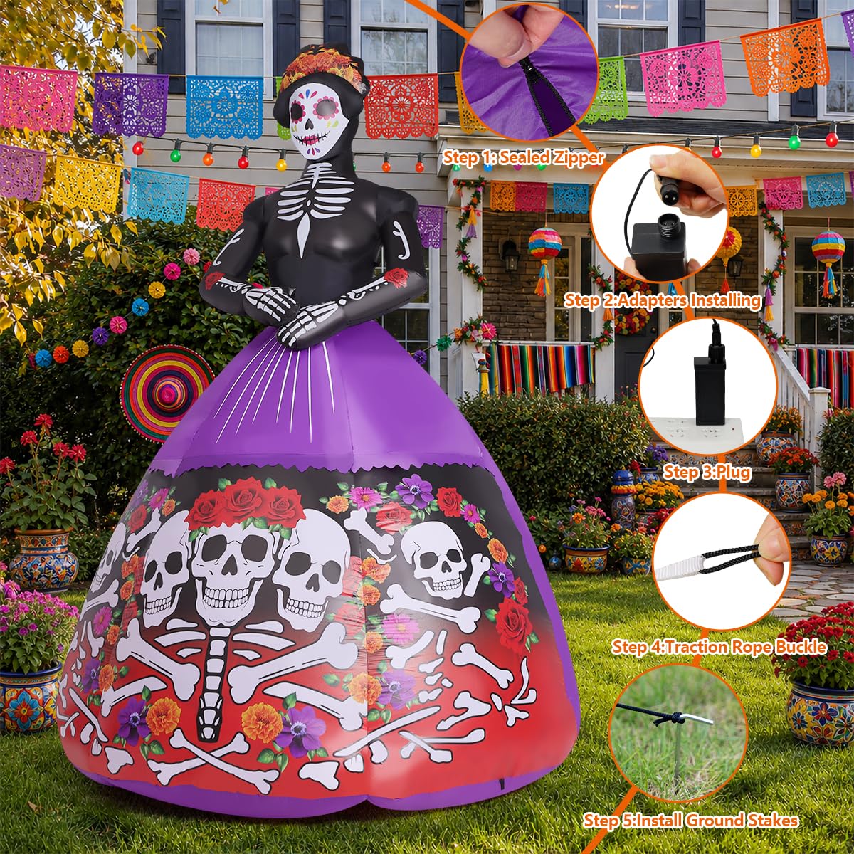 COMIN 9FT Halloween Inflatables Skull Lady Yard Decor con LED