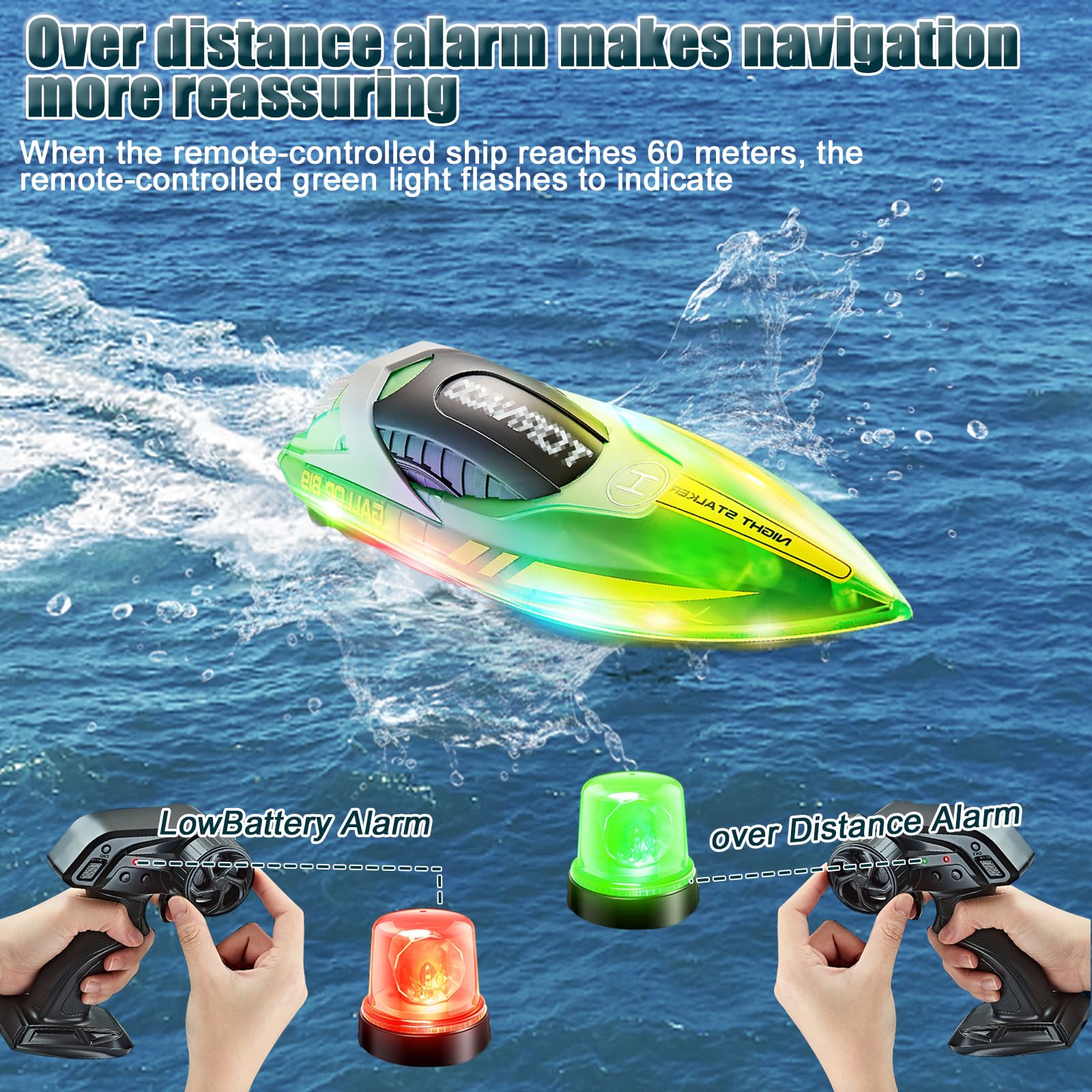 Barco Teledirigido, Barcos de Carreras de 2,4 GHz para Piscinas y Lagos, Barco RC con Luces LED y Alarma de Batería Baja, Barco de Control Remoto para Niños y Adultos (Verde)