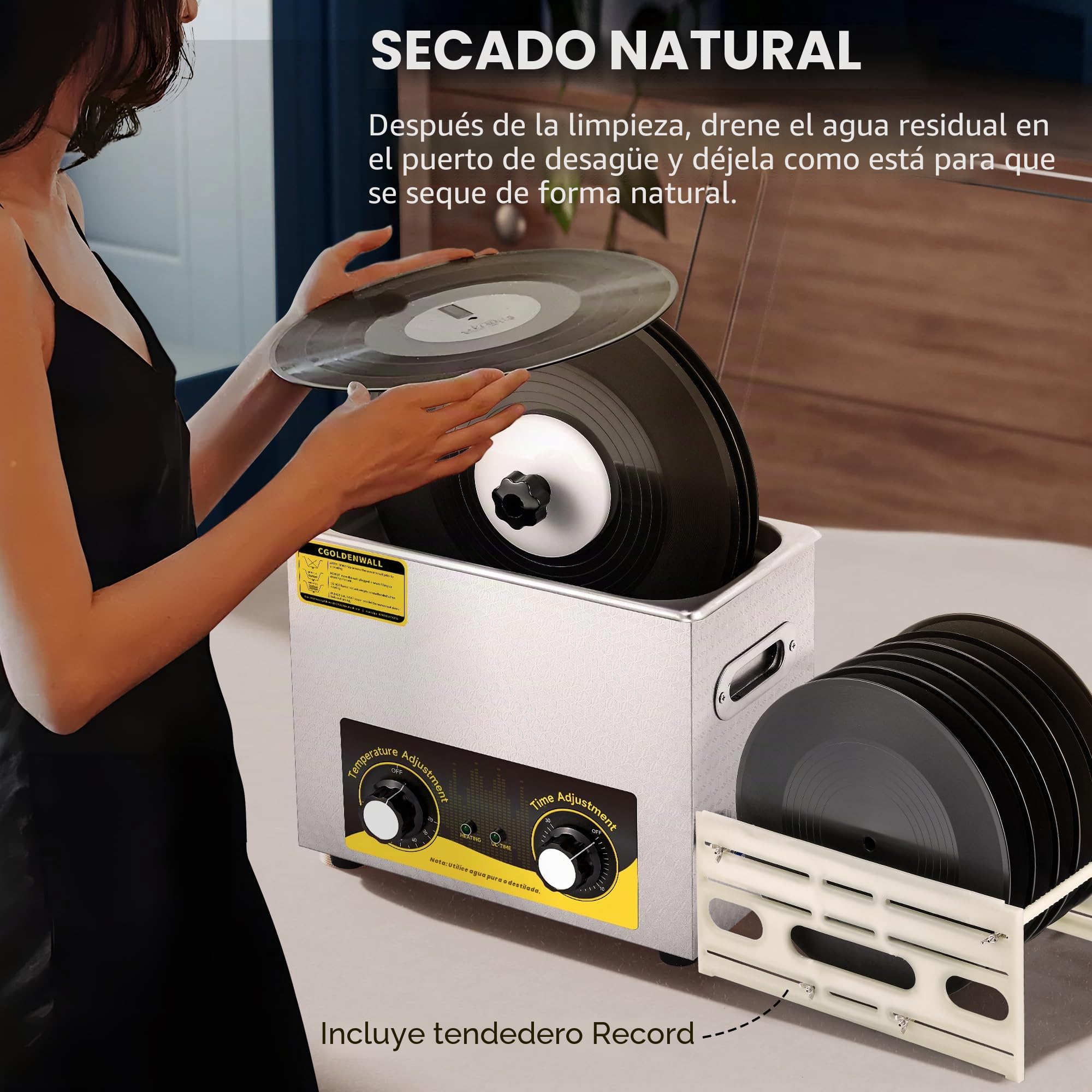 Limpiador Ultrasónico de Discos de Vinilo 6L Máx.6 Discos Temporizador de 0-30 Minutos 20-80°C Función de Calentamiento Rotación Automática para Discos de 7/10/12" Soporte de Secado y Cesta incluidos