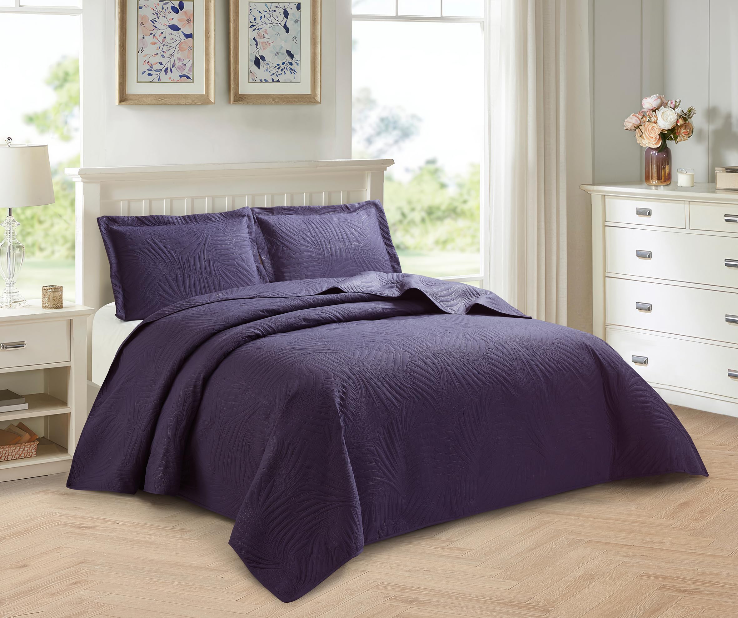 PRIME LINENS 3 Piece Quilted Bedspread Embossed Leaf Pattern Bedding Set Bed Throw with Pillow Cases Machine Washable (Aubergine, Double)