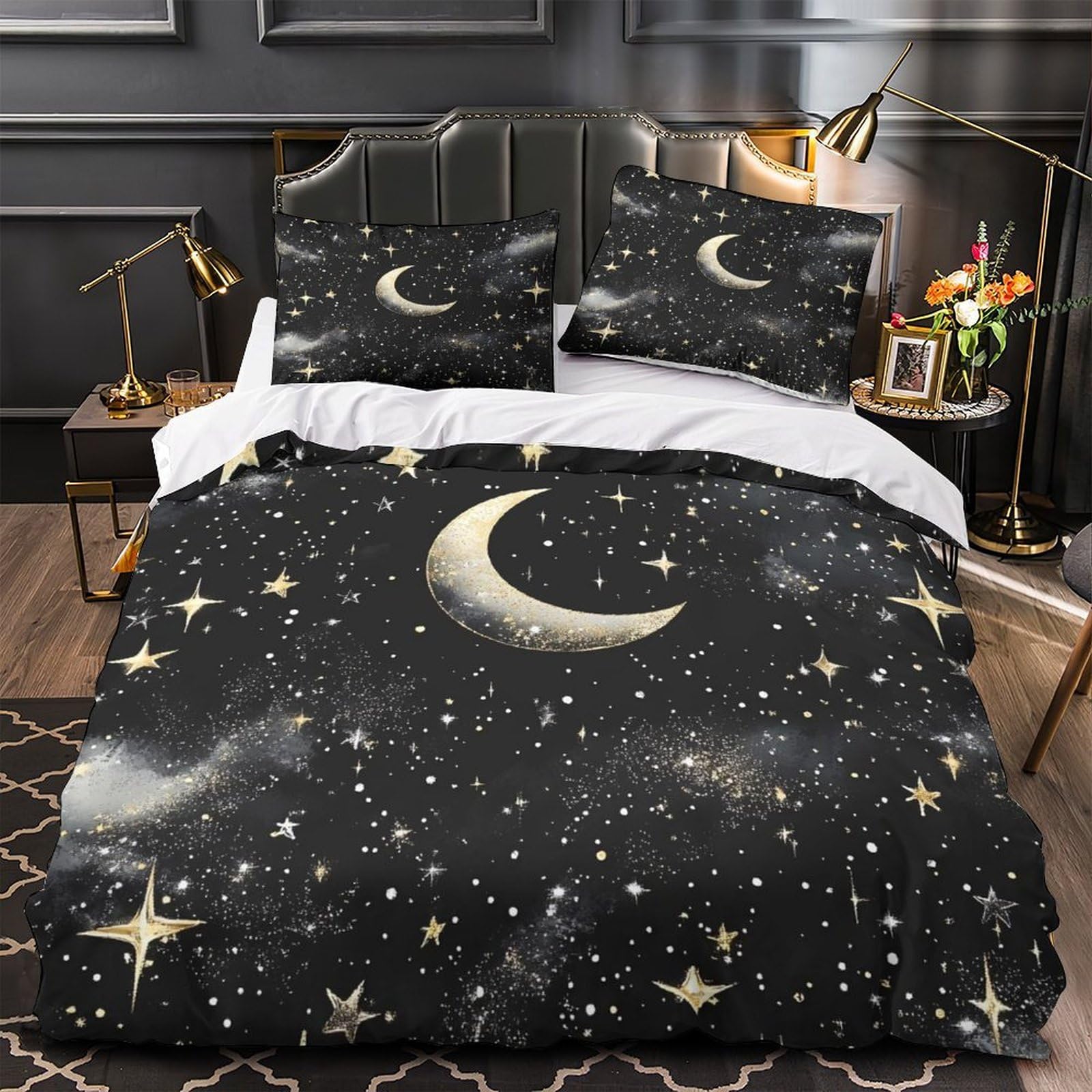 Símbolos celestiales Dorados Funda de Edredón Diseño 3D 3 Piezas Incluye Fundas de Almohada Transpirable Diseño de astrología Vintage Funda Edredon for niños y niñas King（220x240cm）
