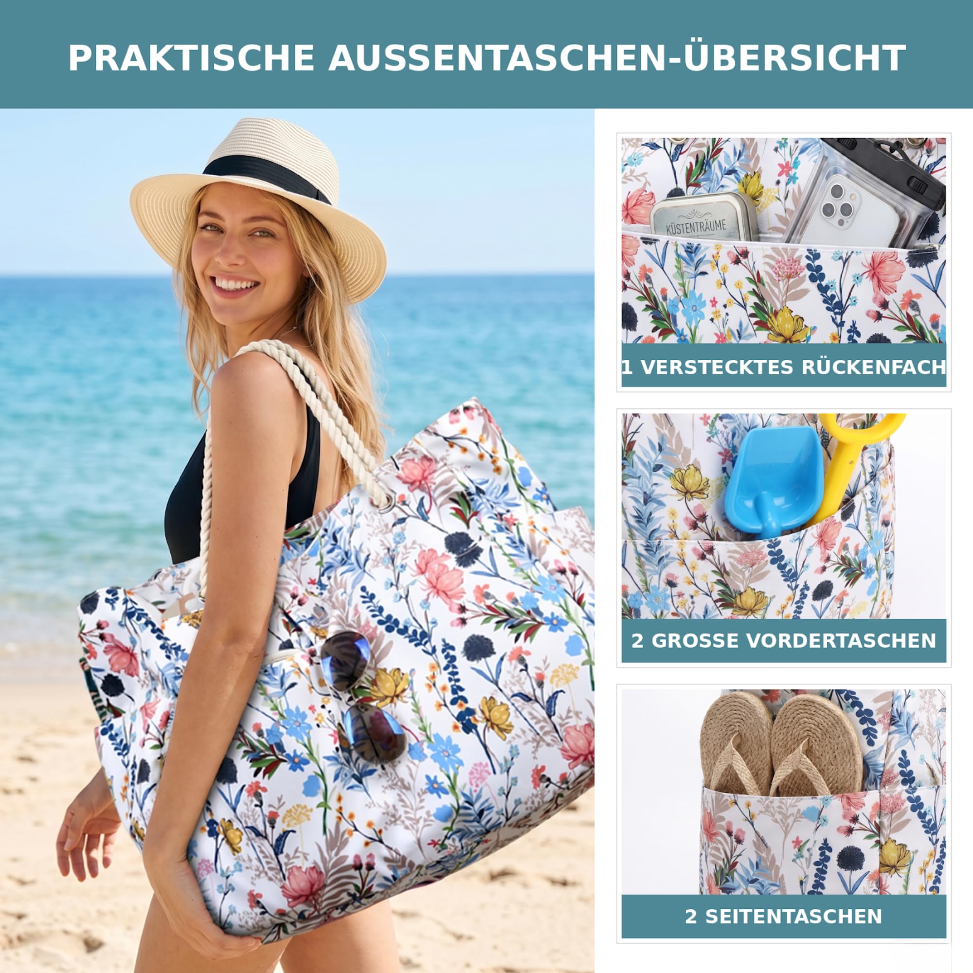 Suweir Borsa Mare Donna Grande XXL Famiglia Borsa da Spiaggia con Cerniera e tasca Impermeabile Borsa da Mare Beach Bag Shopping Borsa Tote Bag per Spiaggia Viaggio Piscina Vacanze
