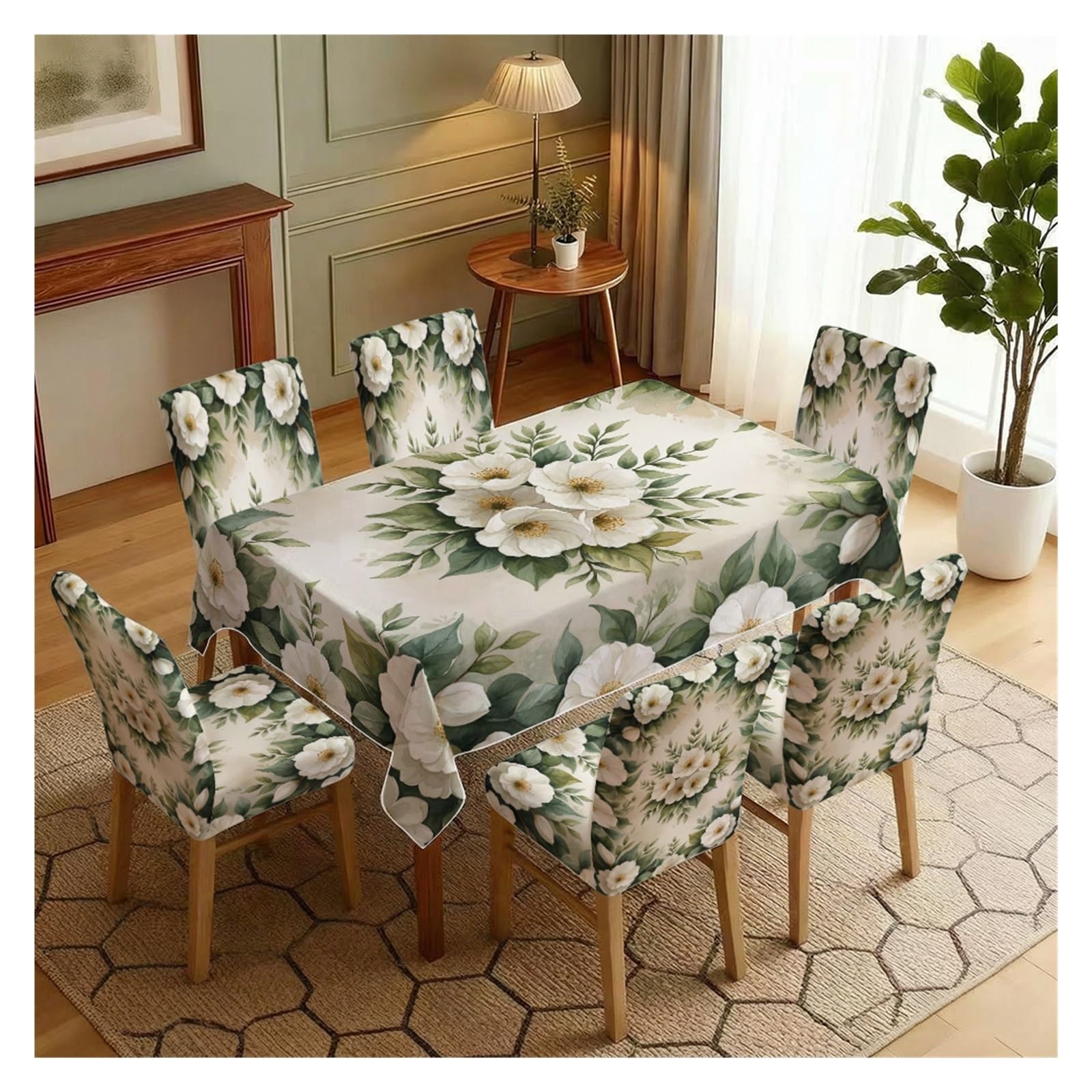 BOSUYBN Deep Green Base White Magnolia Floral Print Dining Tablecloth & Chair Covers Set, 5/7 Piece Minimalist Vintage Farmhouse Dining Decor Table Setting(7pcs Set: Tablecloth+Chair Covers)