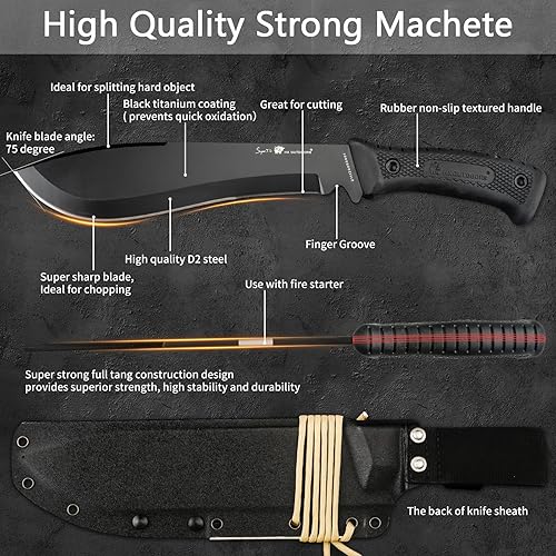 Miniatura 8 de HX Outdoors - Cuchillo machete Kukri de 14 pulgadas, acero D2 de alta calidad, cuchillo de jardinería con funda Kydex para exteriores, campamento,