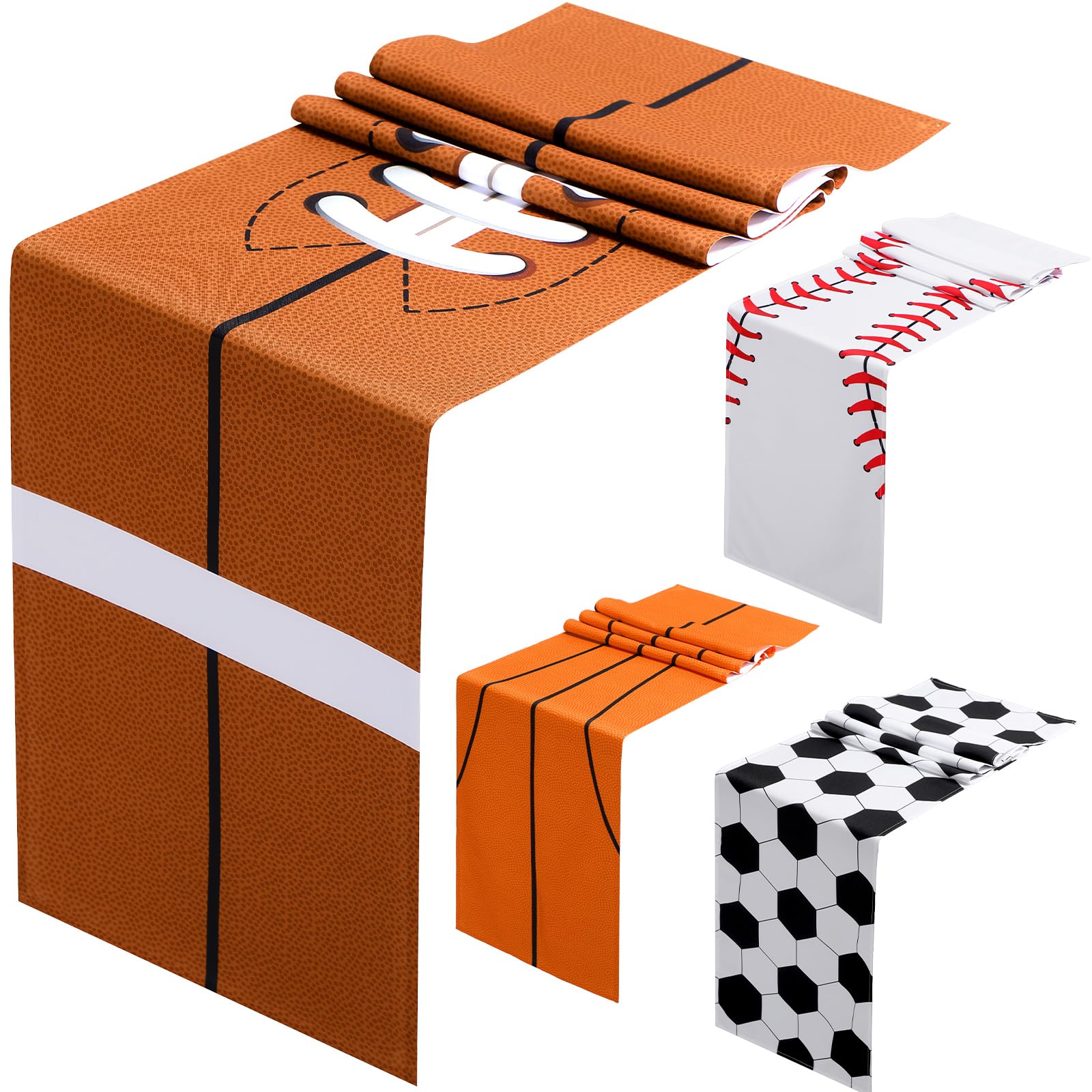 Photo 1 of Oudain 4 Pcs Sports Theme Table Runner 72 x 13 Inch Baseball Football Soccer Basketball Birthday Party Runner Decorations for Kitchen Dining Home Sport Birthday Party Decoration (4 Style)