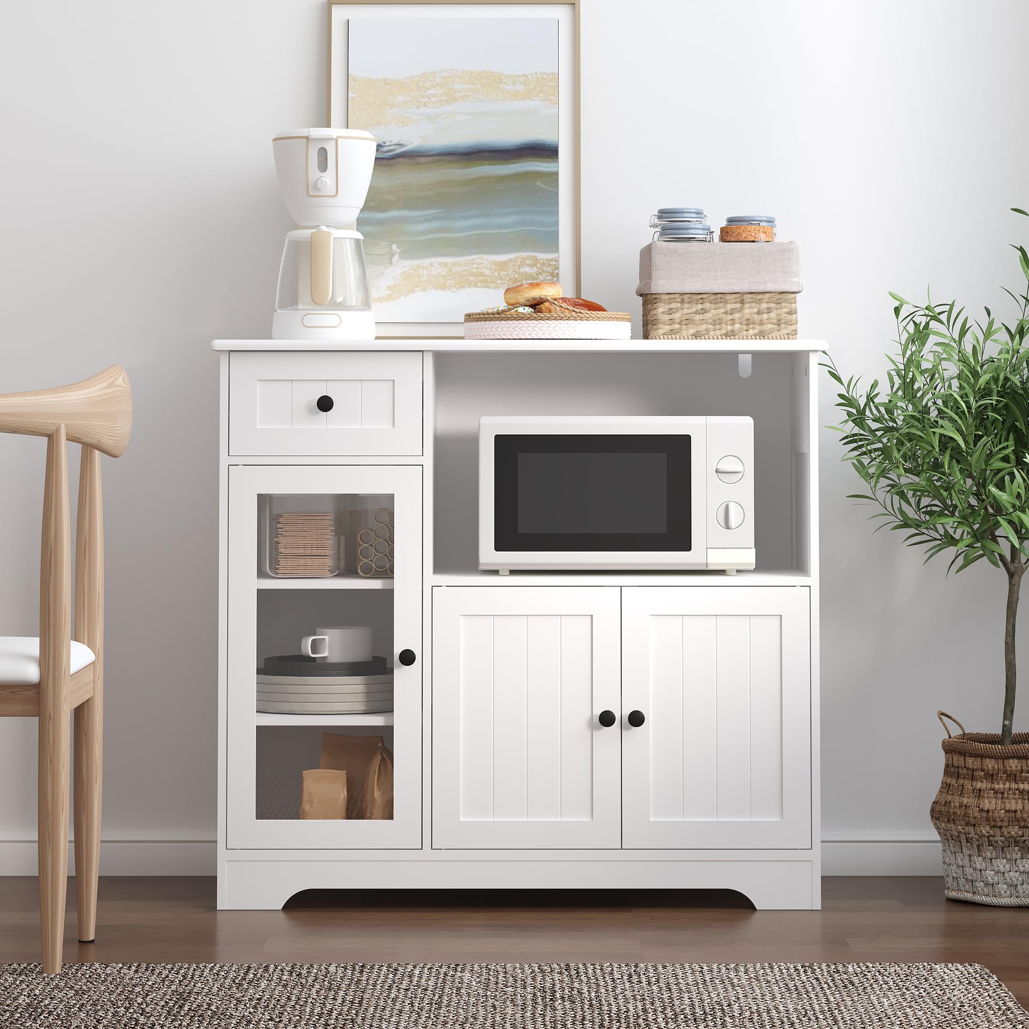 Küchenschrank mit Arbeitsplatte, Buffetschrank mit Mikrowellenregal, Sideboard mit 1 Schubladen, 3 Tür, Verstellbaren Regalen, für Küche, Esszimmer und Wohnzimmer, 90 x 40 x 82 cm, Weiß