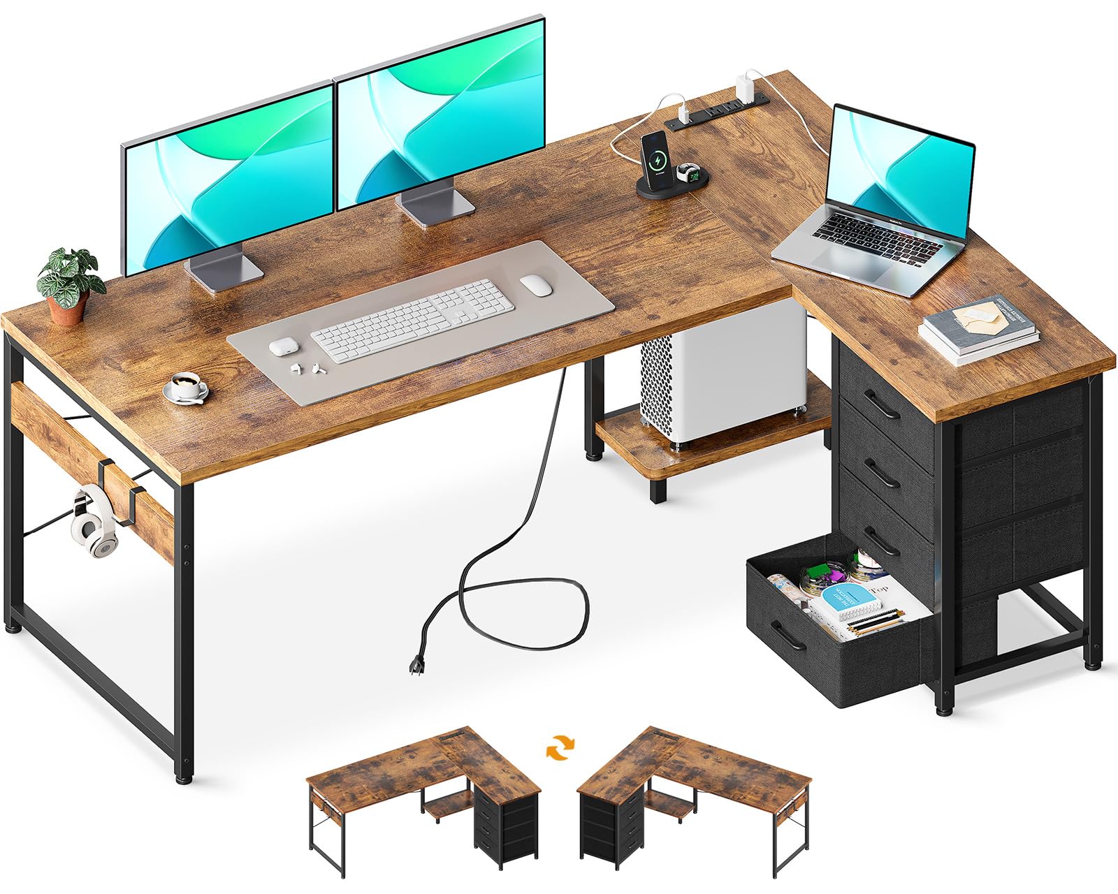 AODK L Shaped Desk with 4 Tier Drawers, 61" Reversible Gaming Desk with Power Outlets, L Shaped Computer Table with USB Charging Port and Host Stand,