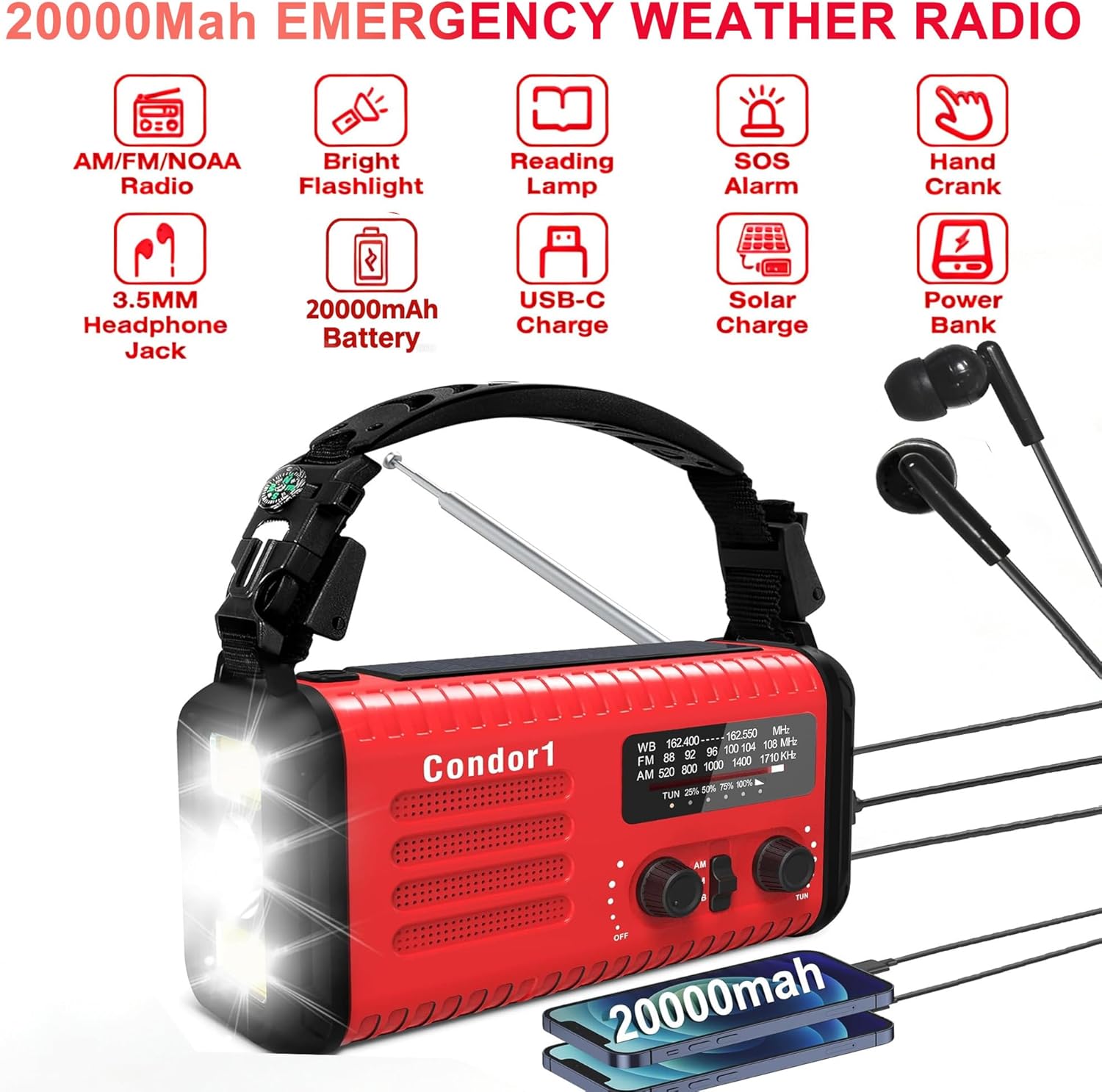 20000mAh Emergency Weather Radio, Solar Hand Crank Portable AM/FM/NOAA Radio with Flashlight, Reading Lamp, SOS Alarm, USB-C Cell Phone Charger for Home Outdoor Survival-Red