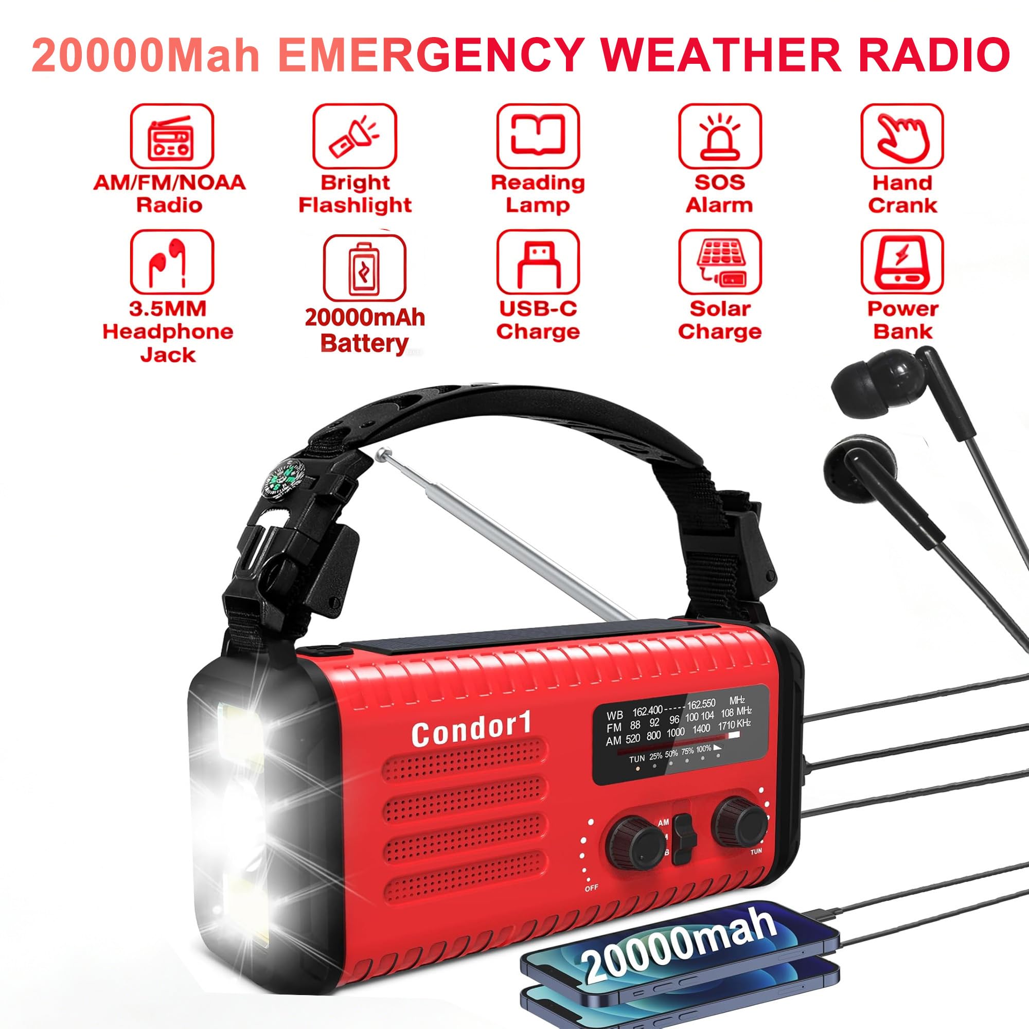 Radio di emergenza da 20.000 mAh, con manovella a energia solare, radio AM FM NOAA, batteria ricaricabile, allarme SOS, torcia elettrica, lampada da lettura per casa e emergenza all'aperto (rosso)