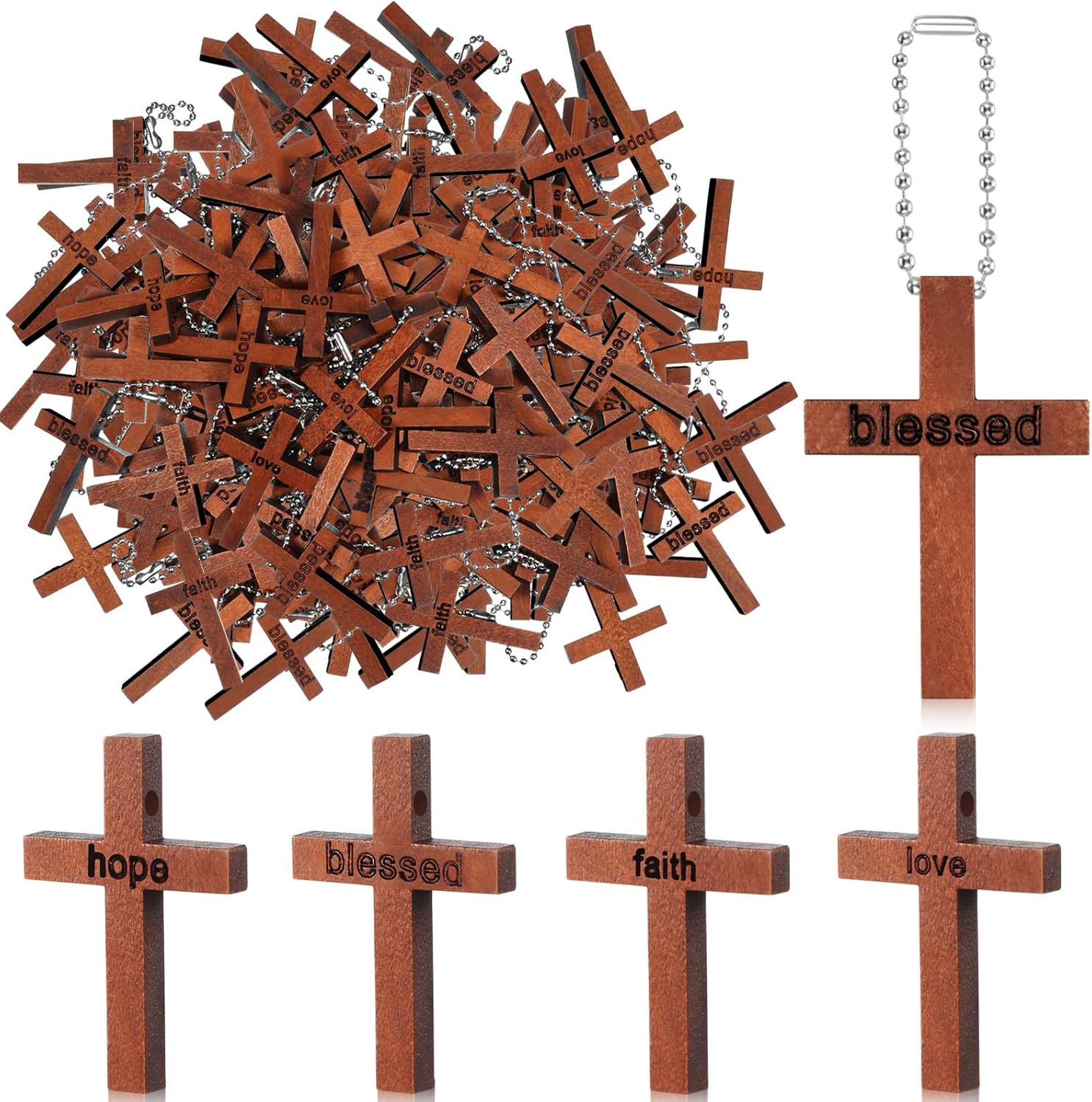 Kigeli 200 Pcs Mini Wooden Cross Charms Cross Keychain Bulk Small Rustic Solid Wood