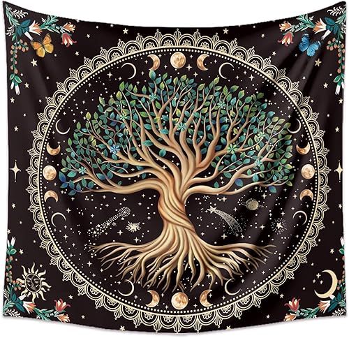 Miniatura 3 de Tapiz de árbol de la vida de fase lunar, naturaleza, flores, plantas, mariposas, tapices bohemios, mandala espiritual, tapiz estético para colgar en