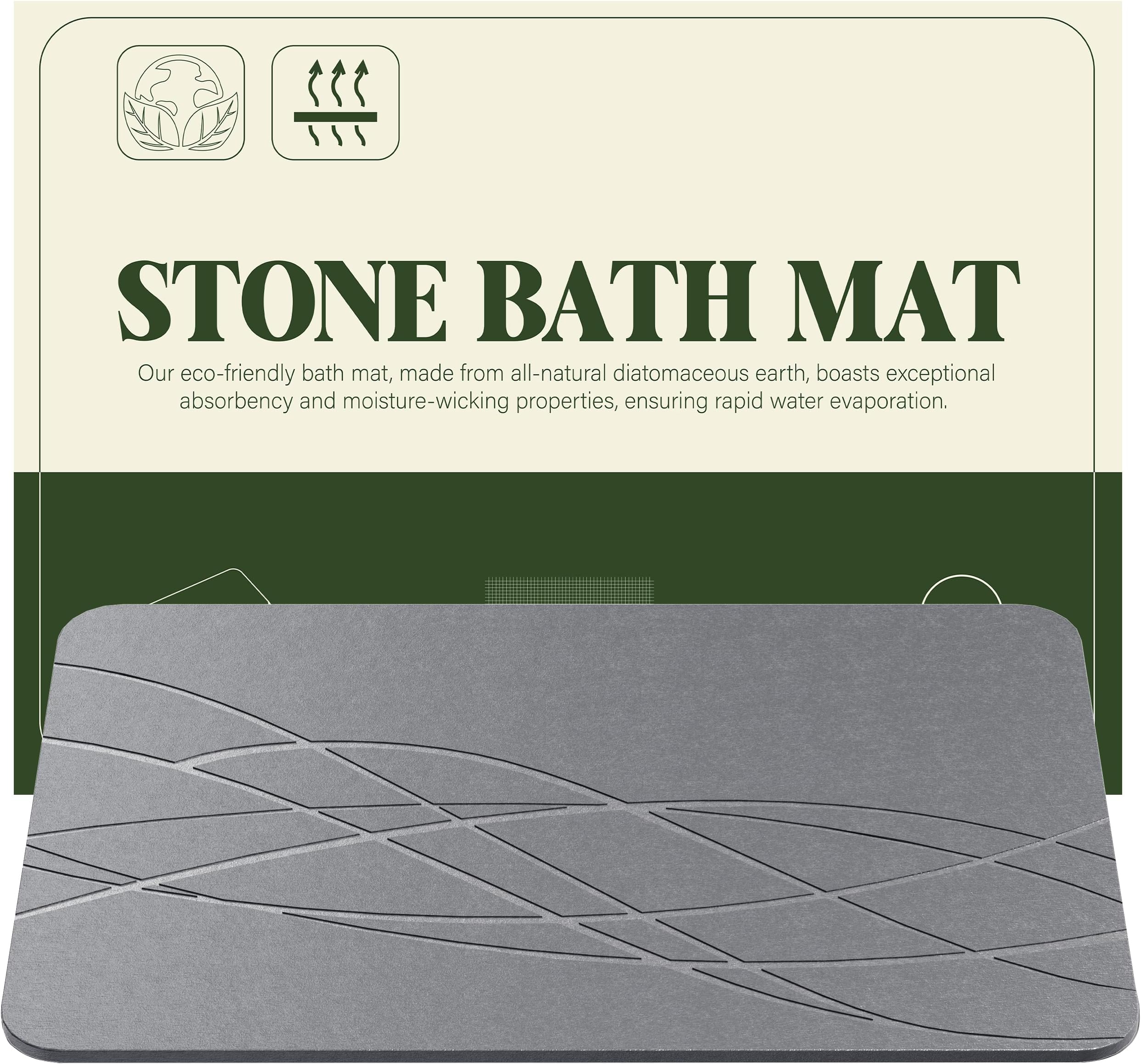 Stone Bath Mat for Bathroom, Diatomite Stone Bath Shower Mat, Stone Dish Drying Mat for Kitchen Counter, Non Slip Quick Drying Diatomaceous Earth Bathmat, 23" x 15", Grey (Line Style)