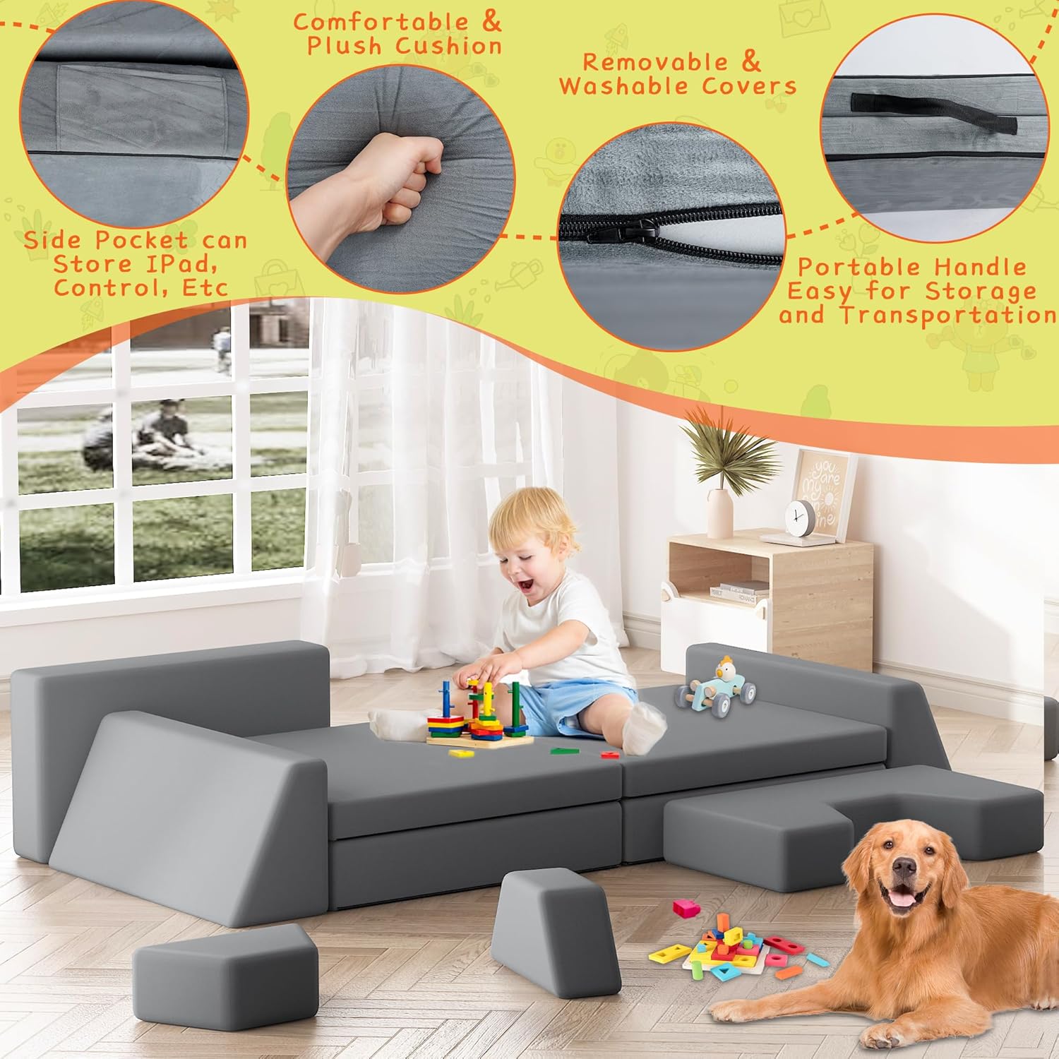 Modular Kids Play Couch 10PCS,Modular Sofa for Toddler and Baby,Kids Couch Building Fort,Multifunctional Foam Play Sofa for Playroom,Innovative