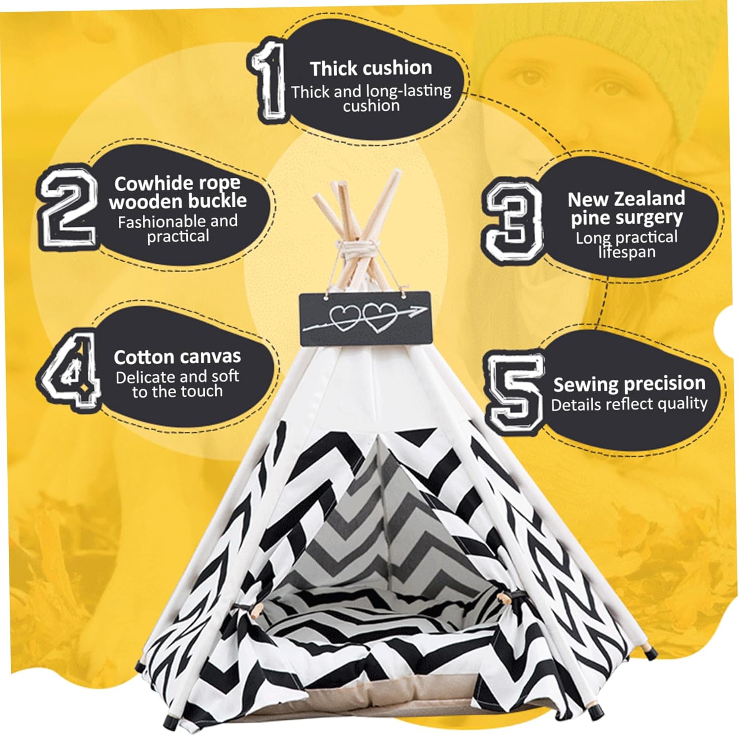 Pet Teepee, 20x20x24 Inch Dog Tent Bed with Soft Cushion & Board, Washable Portable Canvas Cat Cave, Dog House for Indoor Outdoor