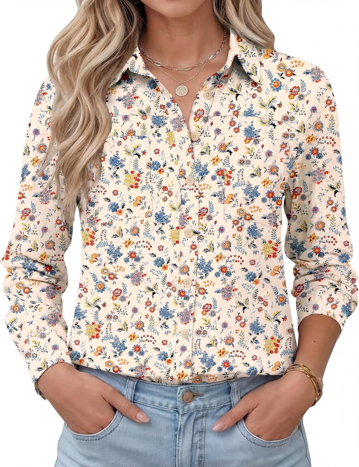 Kistore Womens Button Down Shirts Striped Linen Long Sleeve Blouses Business Casual Office Work Tops Loose Fit with Pockets