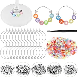 50 Set DIY Wine Glass Charms, 500 Letter Beads 300 Silver Bead Charms 50 Rings for Stem Glasses, Personalized Wine Glass Markers Tags for Wedding Party Decorations (Transparent)