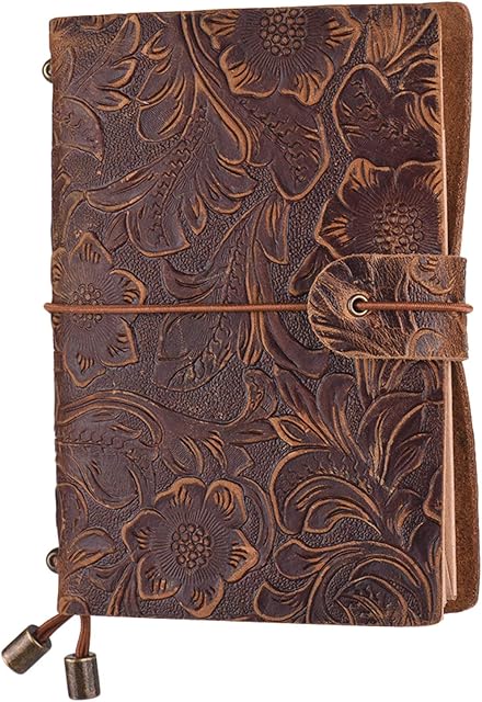 Kiboule Caderno diário de viagem de couro de grão integral vintage recarregável diário com padrão flor em relevo capa de bloco de notas diário com alça elástica para presente masculino e feminino