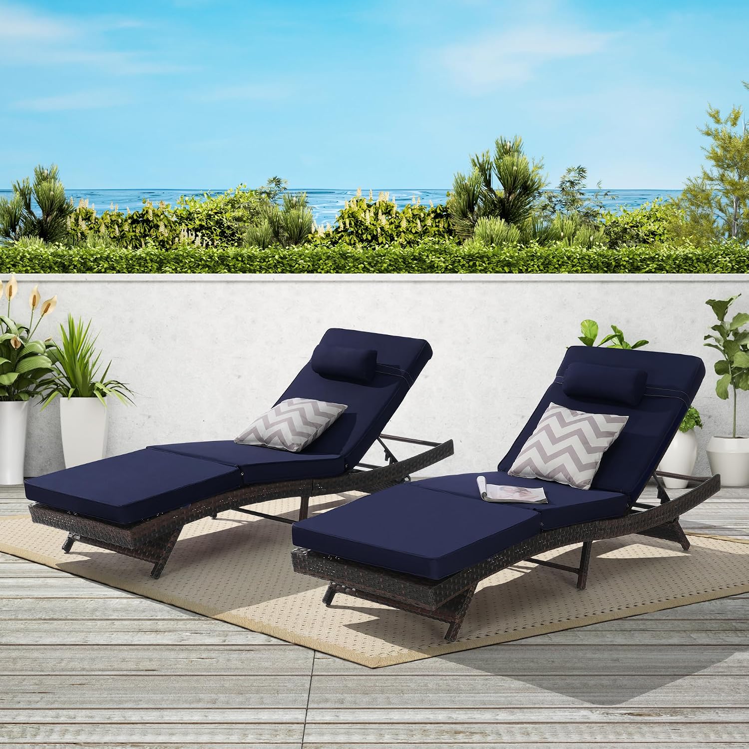 Outdoor Lounge Chairs Set of 2,Wicker Chaise Lounge Chair Pool Chaise Lounge,Patio Lounge Chair with Adjustable Backrest Arm Cushion for Poolside