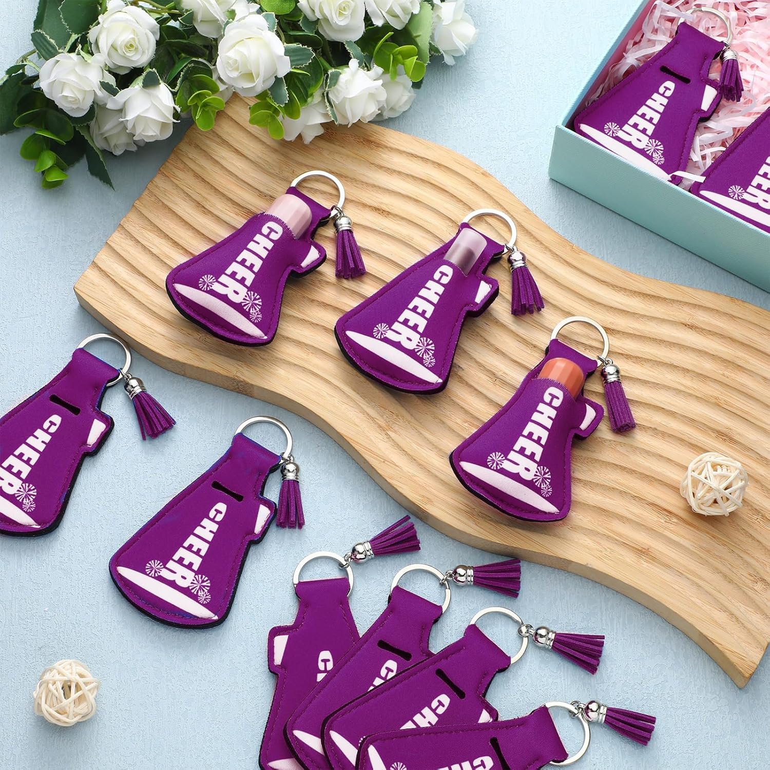 20 Pcs Cheer Gifts Bulk Cheerleader Team Gift Lip Balm Holder with Tassel Keychains Set for Valentines Team Gift - Image 6