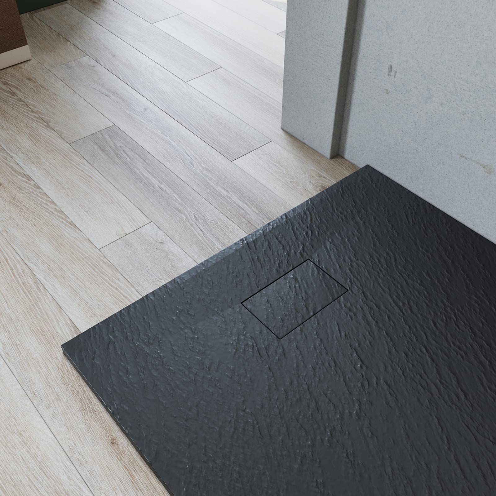 SMC Plato de ducha 120 x 90 cm, ‎Negro con sifón, plano, estructura antideslizante | Incluye desagüe de 90 mm de diámetro, plato de ducha plano, diseño especial para un desagüe oculto