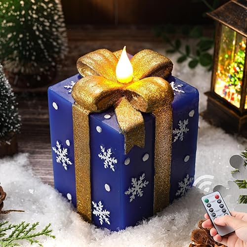 Velas de Navidad sin llama que funcionan con pilas, caja de regalo pintada a mano azul con forma de cera real parpadeante, velas LED eléctricas con