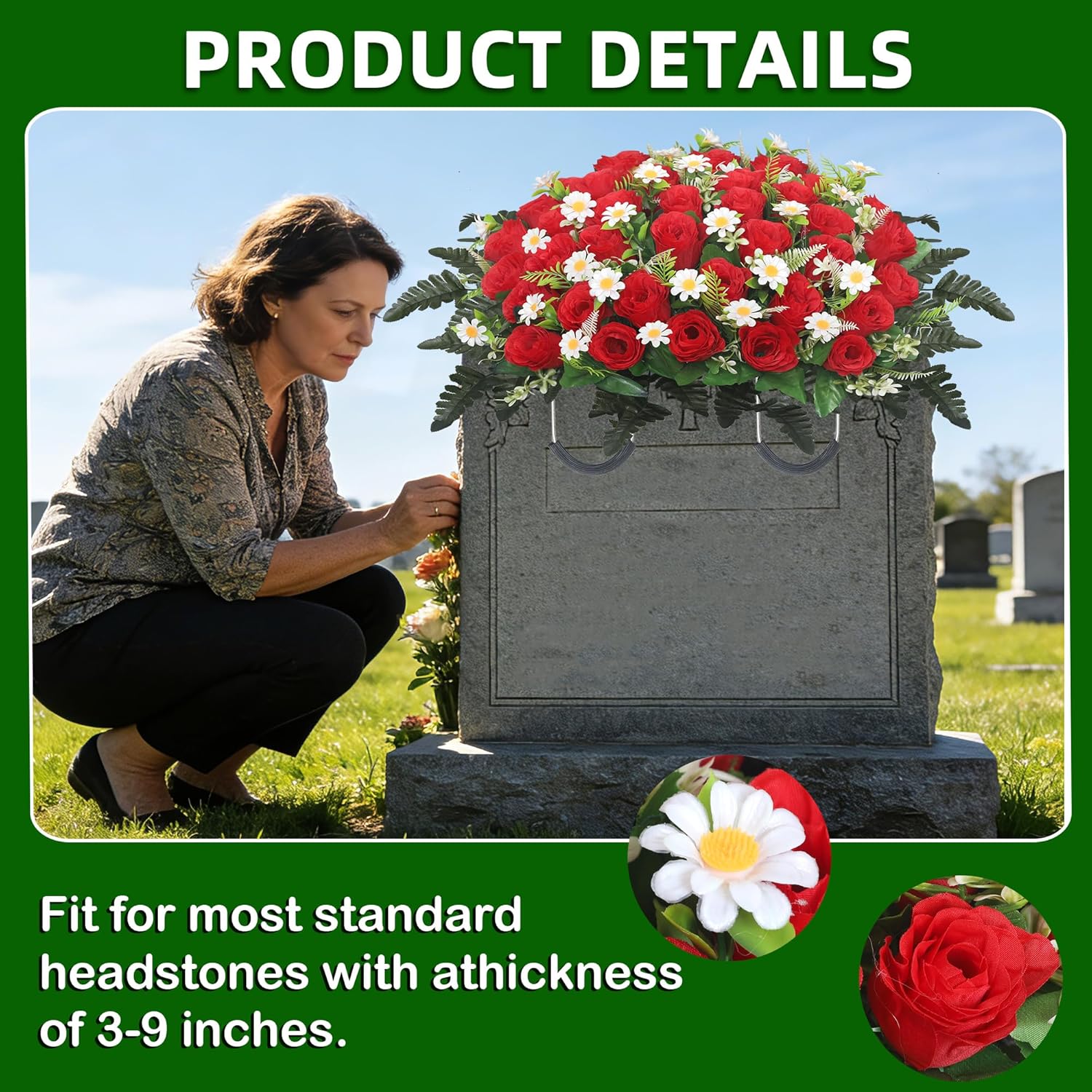 Lodou Artificial Cemetery Flower Saddle – Artificial Rose Memorial Flowers, Flower Saddles for Graves– for Headstone Decorations on Memorial Day, Christmas, Valentine’s Day ﻿ (Red)