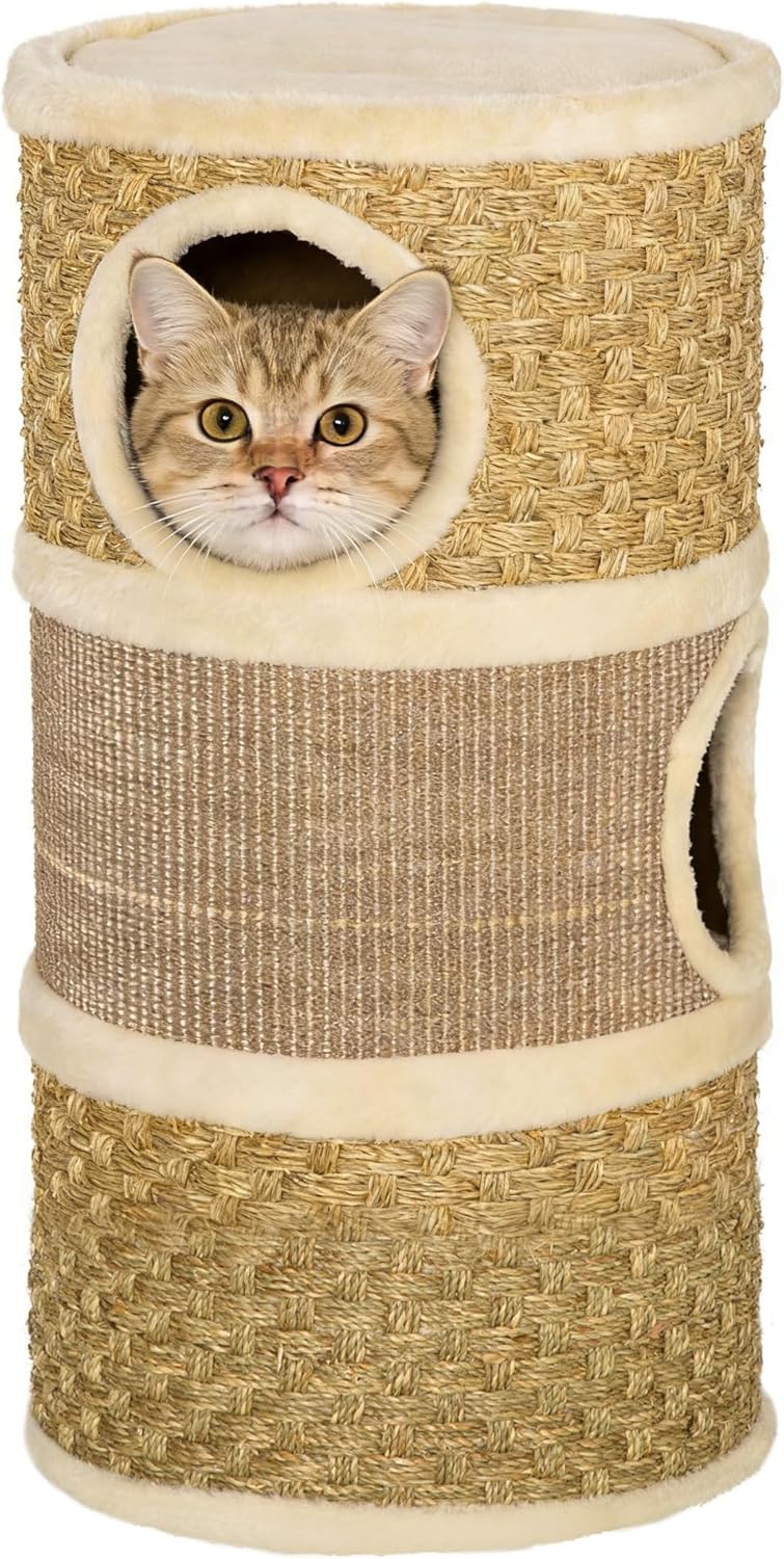 28 Inch 3-Story Cat Condo with Sisal Scratching Pad - Barrel Shaped Cat Hideaway for Indoor Cats (Khaki/Brown)