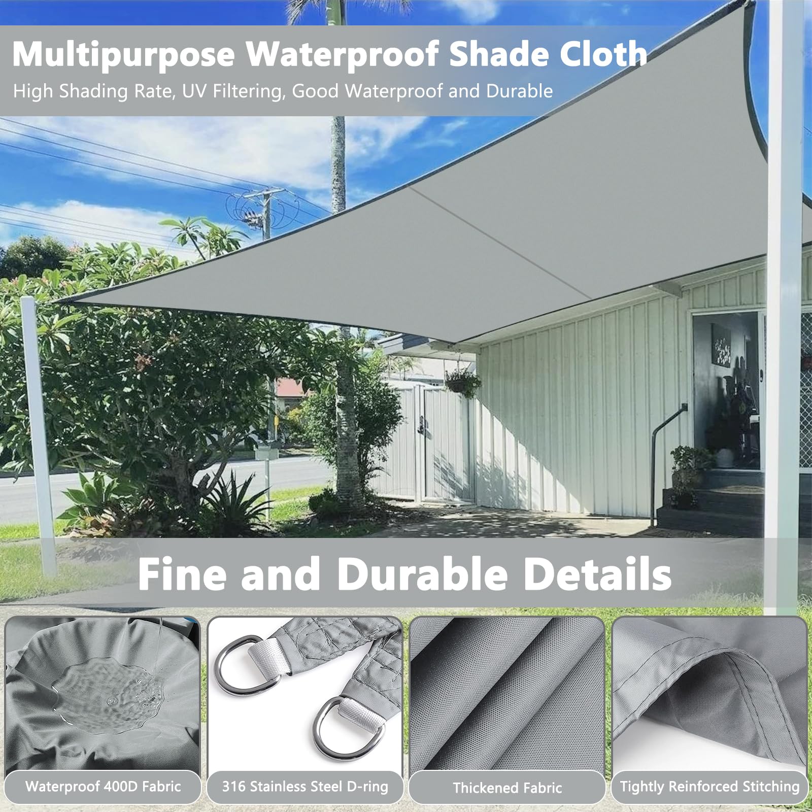 Vela Ombreggiante Impermeabile 3x4m Protezione UV Tenda A Vela per Esterno Grigio