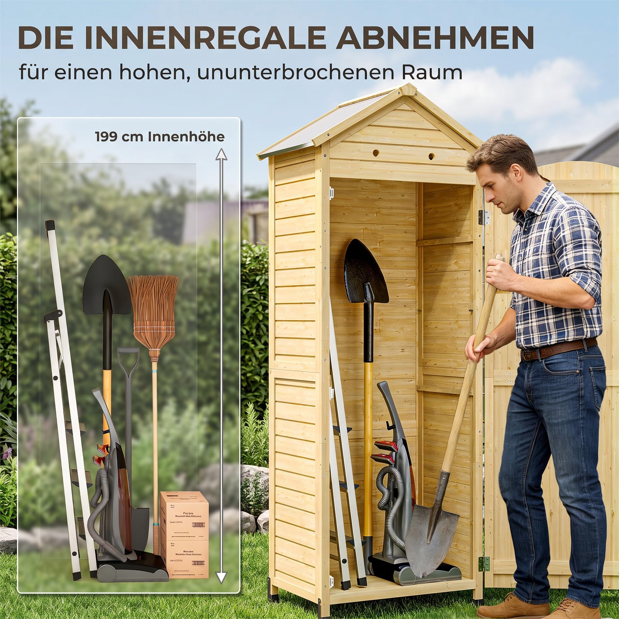 Outsunny Gartenschrank Holz extra hohe Geräteschuppen 85x58x213 cm Natur