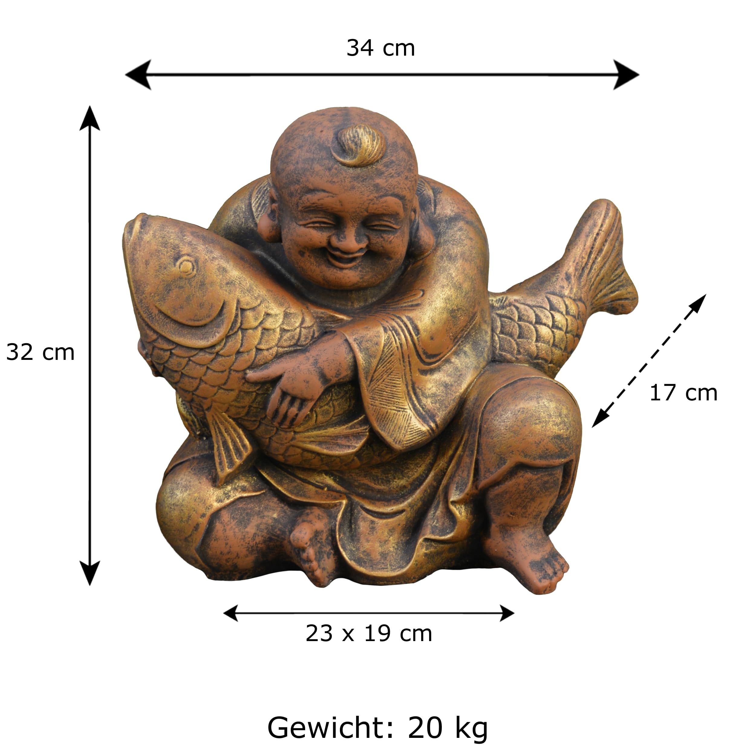 gartendekoparadies.de Buddha mit Koi Karpfen, Steinfigur, H. 33 cm, 21 kg, Grau, frostsicher aus Steinguss für Außenbereich (Gold)