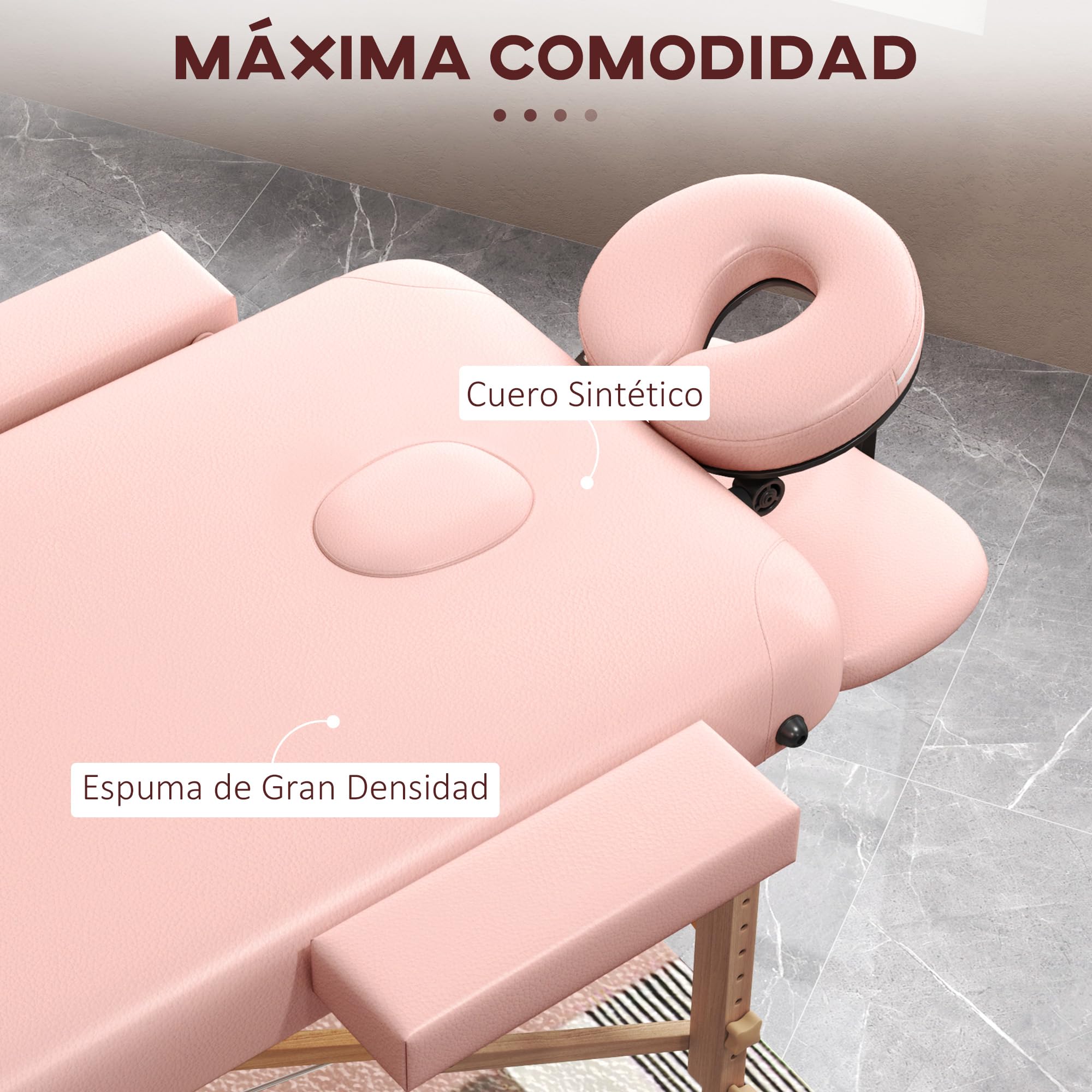 HOMCOM Camilla de Masaje Plegable 210x81 cm Camilla Estética Profesional con Reposacabezas Extraíble 2 Zonas Asa y Marco de Madera con Altura Regulable y Bolsa de Transporte Rosa