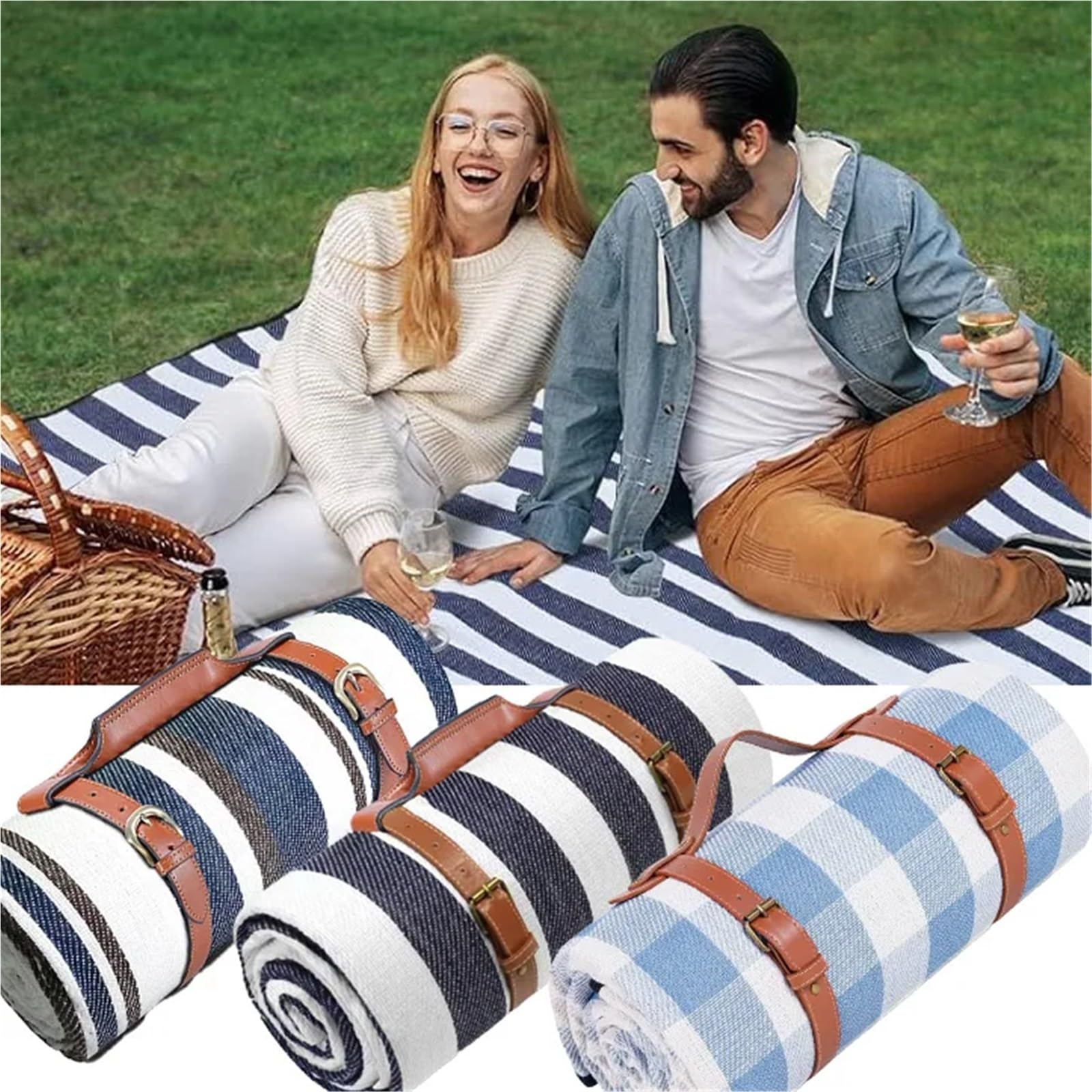 Telo Picnic Coperta Da Picnic Impermeabile E Pieghevole Extra Large, Spiaggia A 3 Strati For Campeggio, Parco, Interni(Blue White Grids,200X200cm(80 x80in))