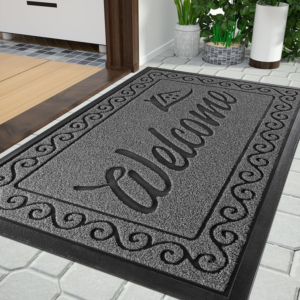 Yimobra Welcome Front Door Mat, Heavy Duty Easy Clean Doormat Indoor Outdoor, Waterproof Quick Dry Floor Mat for Home, Garage, Hign Traffic Areas, Non Slip, Low Profile, 36 x 24 Inches, Black Gray Black Grey 36" x 24"