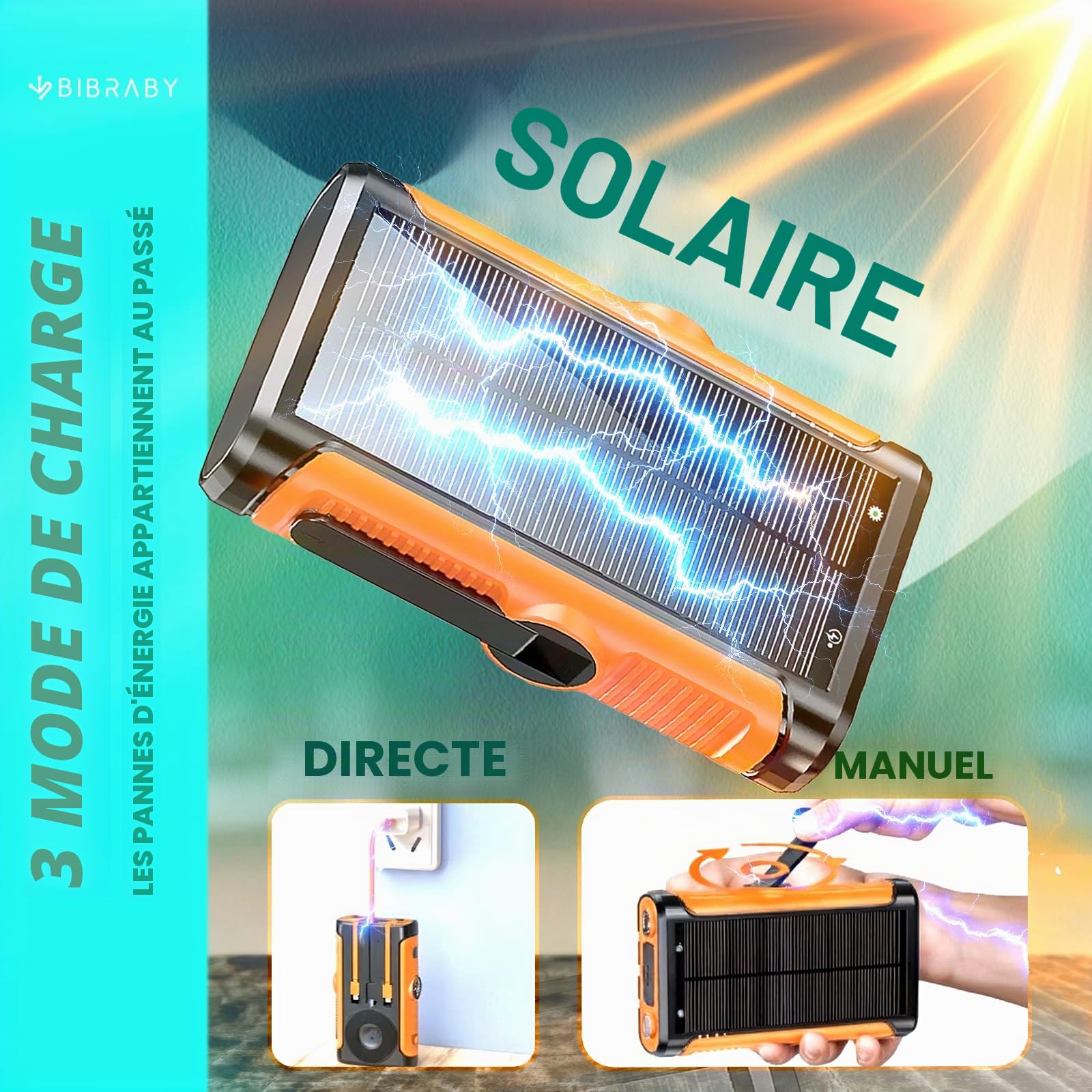 Super Power Bank solaire sans fil 3 en 1 de 26 800 mAh + manivelle pour recharge d'urgence + 5 ports de charge rapide 22,5 W Chargeur solaire portable Batterie solaire portable
