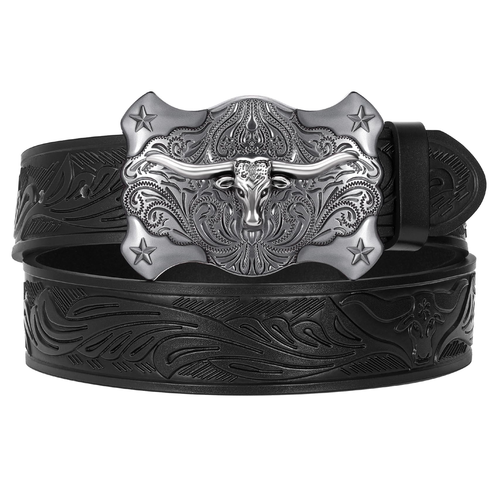 TRIWORKS Men Western Leather Belt Cowboy Buckle Belt Floral Embossed Tooled Country Belt for Jeans