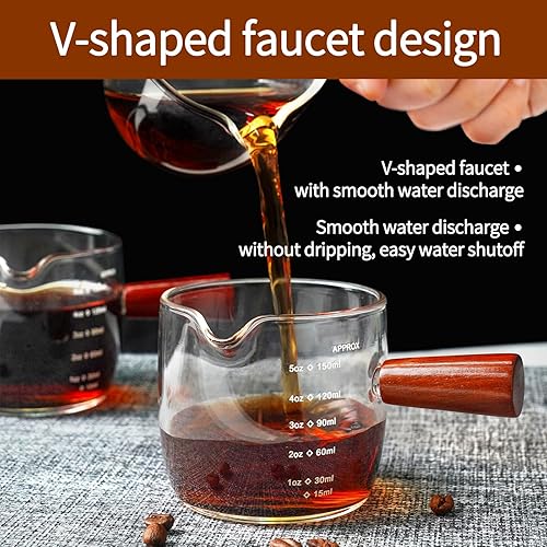 Miniatura 4 de Mango de madera graduado taza de una sola boca 5.1 fl oz taza de café de vidrio graduada pequeña taza de leche taza de onzas vaso japonés juego de 4