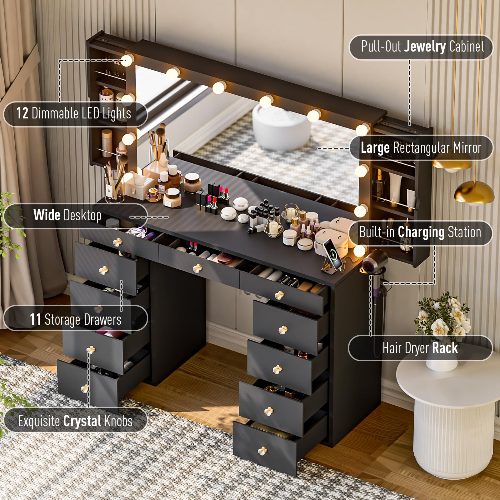 elifine Makeup Vanity Desk with Mirror and Lights, Black Vanity with Jewelry Storage & 11 Drawers & Power Strip, Bedroom Vanity Table Hidden 2 Jewelry Cabinets for Women Girls