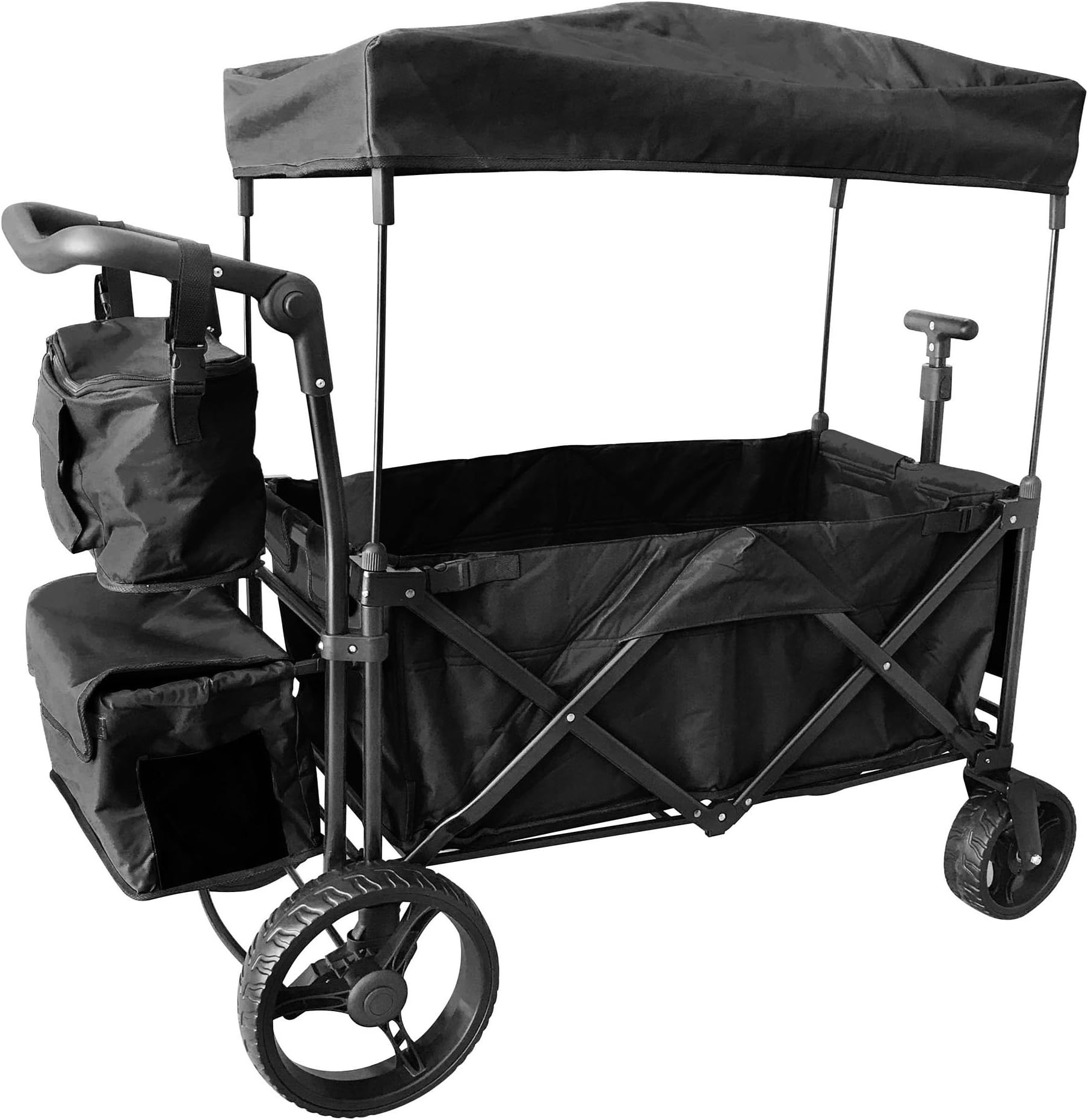 BLACK PUSH AND PULL HANDLE WITH REAR FOOT BRAKE FOLDING STROLLER WAGON W/ CANOPY OUTDOOR SPORT COLLAPSIBLE BABY TROLLEY GARDEN UTILITY SHOPPING TRAVEL CART *FREE CARRYING BAG - EASY SETUP NO TOOL NEED