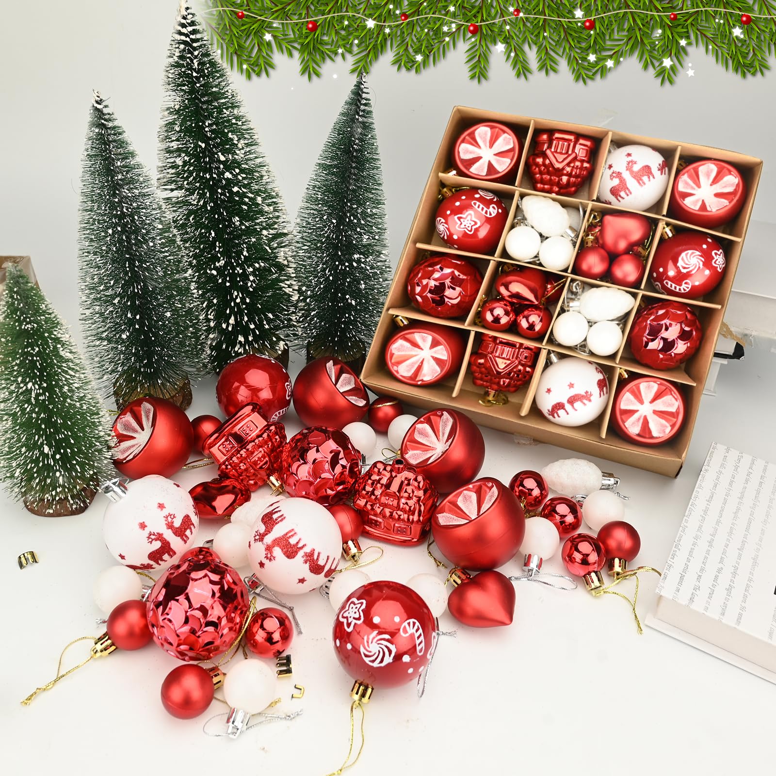 30 Palline Per Albero Di Natale 6 Cm In Plastica - Rosse E Verdi, Motivi Tradizionali - 2