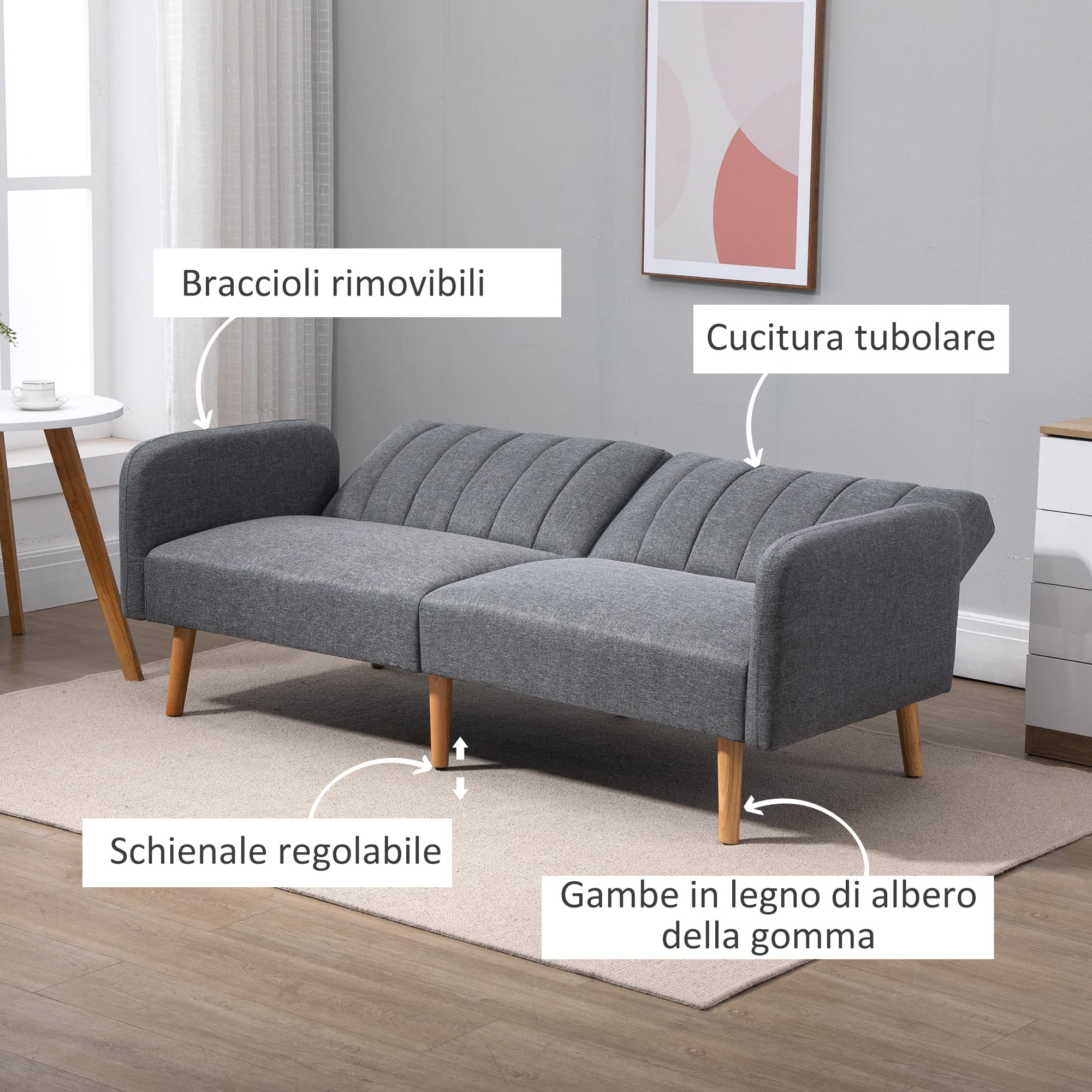 HOMCOM Divano Letto 2 Posti a 1 Piazza con Schienale Reclinabile, Rivestimento Tessuto e Gambe in Legno, 173x75x73cm, Grigio