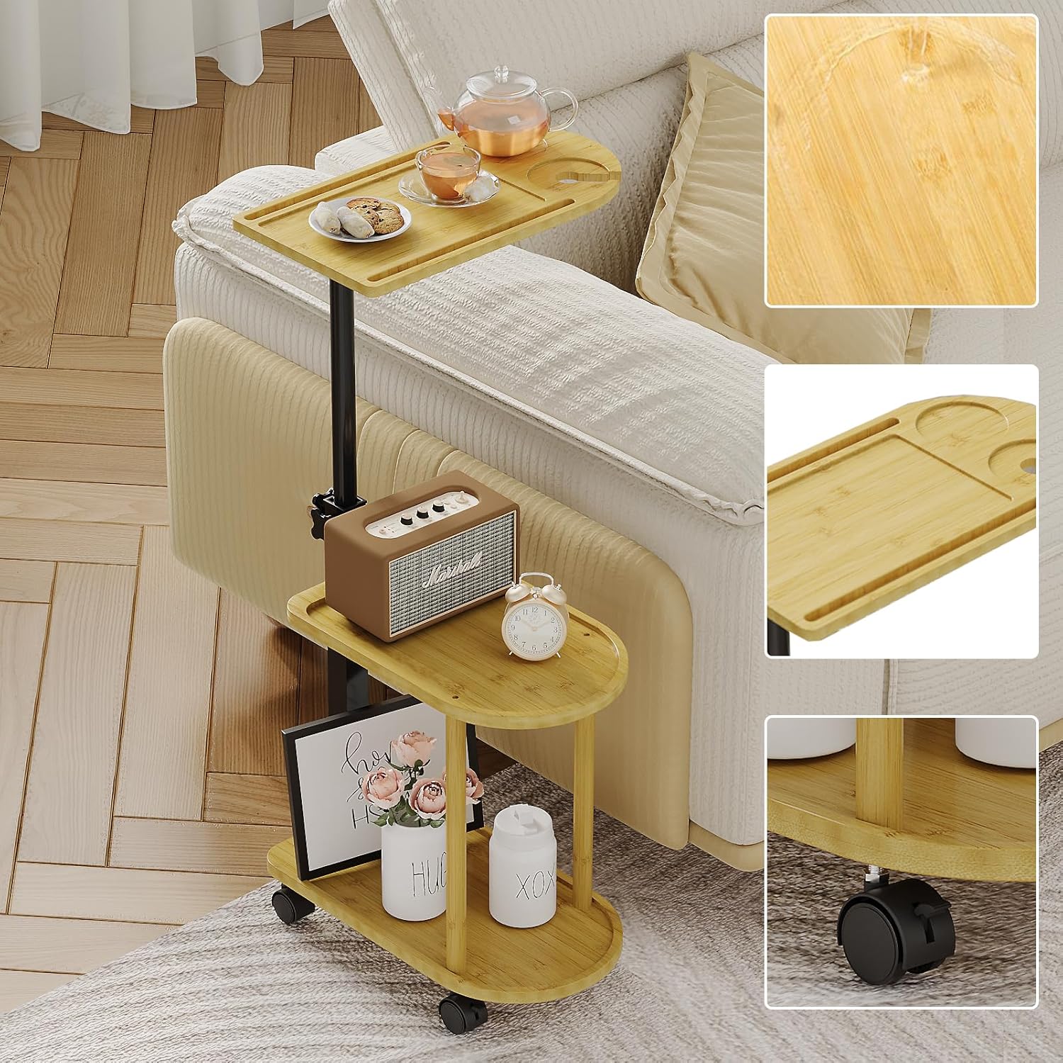 Bamboo 3 Layer Rotating Bathtub Tray Table, Adjustable Height Freestanding Caddy Shelf for Plants & Bath Essentials,Spa Side Table for Tub,Multifunctional Bamboo Stand Organizer,Natural