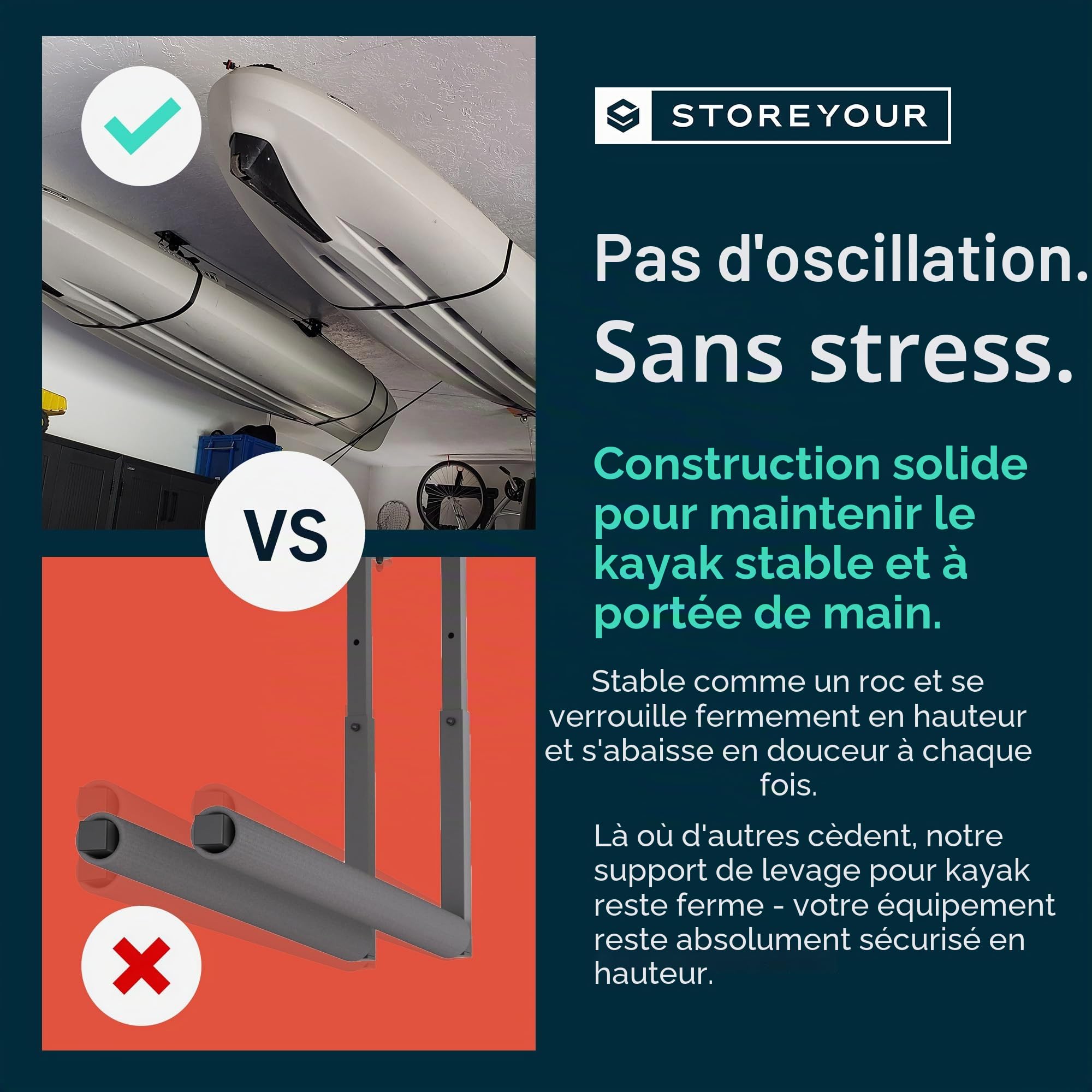 StoreYourBoard Système de poulie de Plafond pour Kayak et canoë - Support de Garage - Robuste - Peut contenir 68 kg - Organiseur d'intérieur