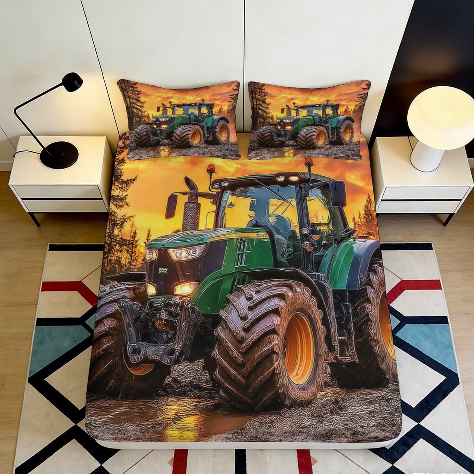 3D Printed Tractor Fitted Sheet Microfiber Soft Stylish Farm Theme Mattress Cover for Bedroom Dormitory Guest Room 140x200x25cm