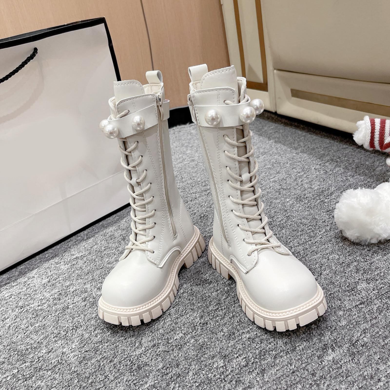 Generico Stivali Bambina con Tacco,Stivali Invernali alla Moda per Ragazze Scarpe Alte alla Caviglia con Fibbia in Perle per Bambini Piccoli Abbigliamento Casual Elegante