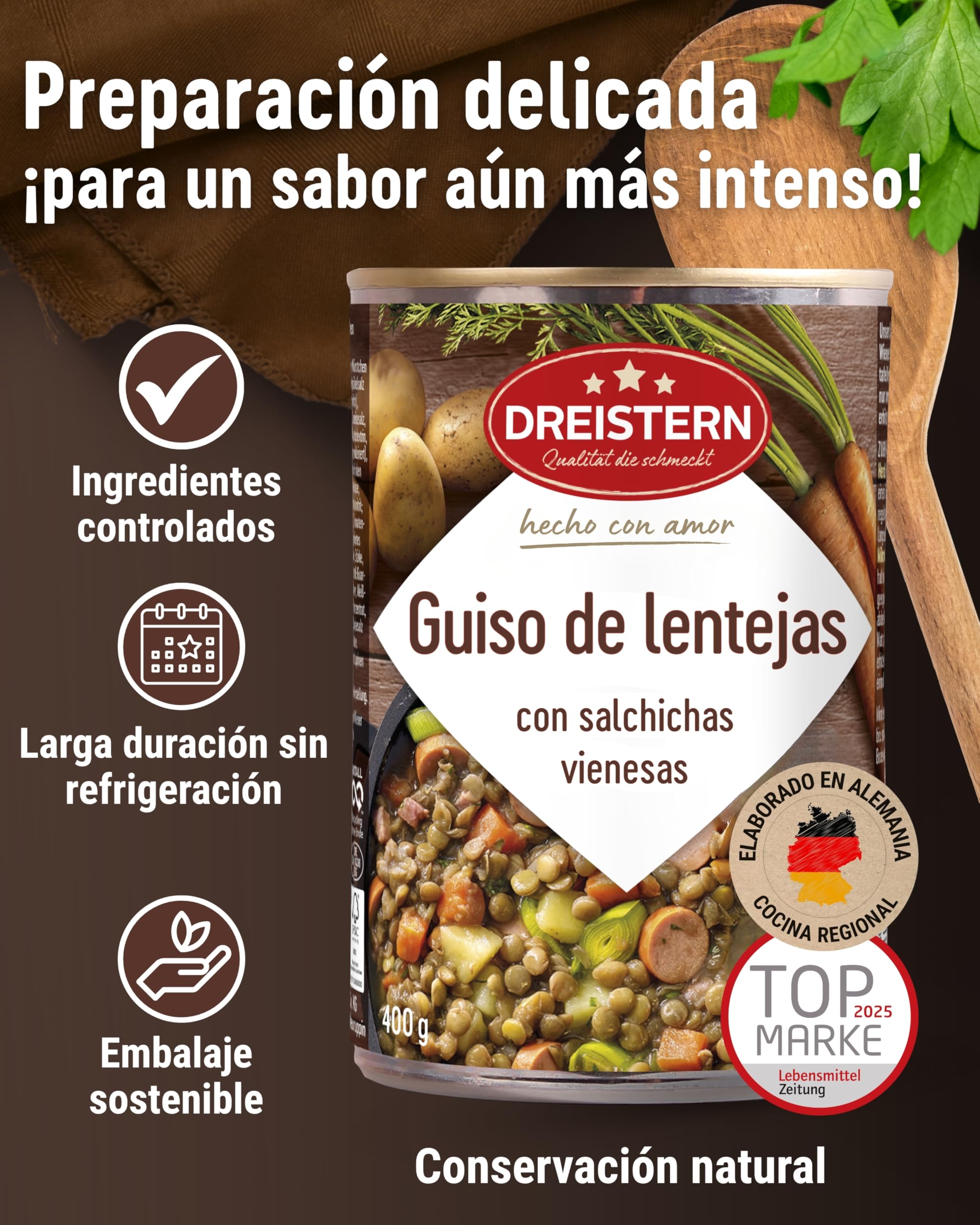 DREISTERN Guiso de lentejas 400 g I Con salchichas vienesas & verduras I Estofado sabroso en lata reciclable I Larga duración gracias a la conservación natural I Calidad casera