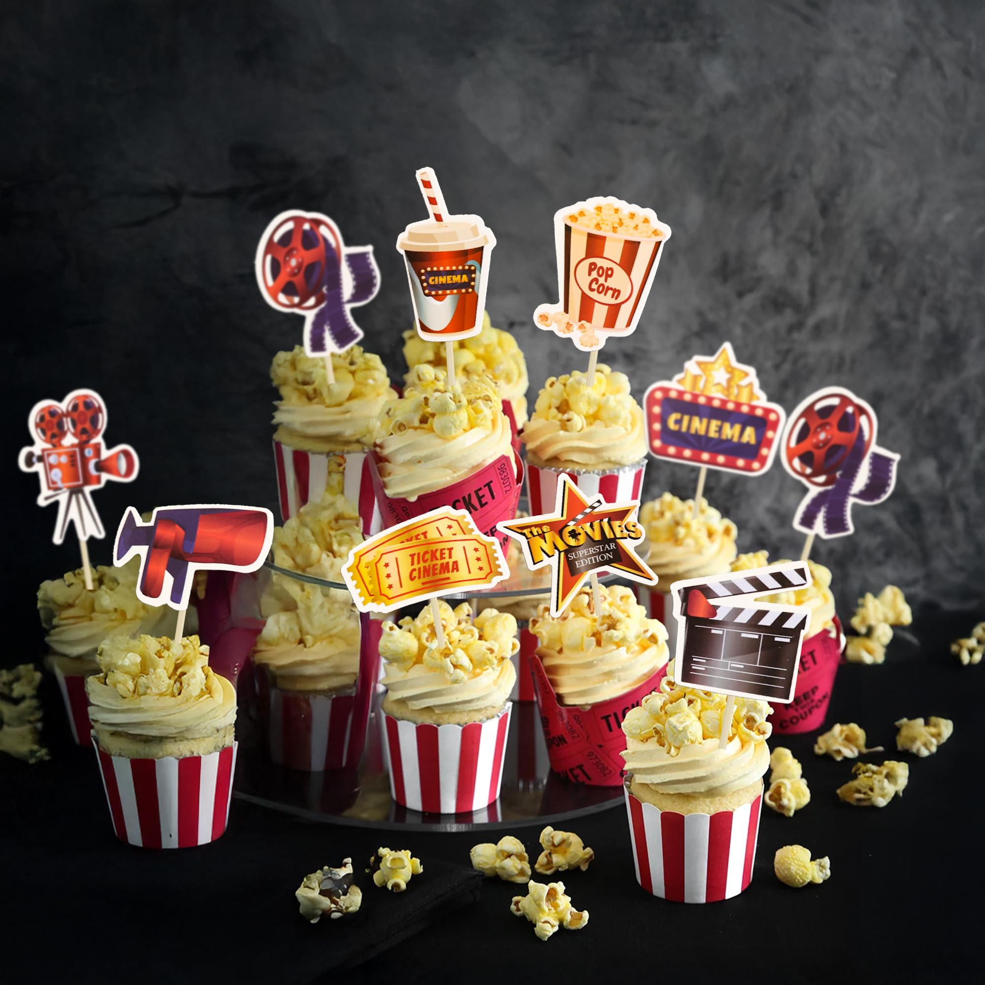 40 PCS Movie Night Cupcake Toppers – Glasses, Camera, Popcorn, Projector Designs, Double-Sided