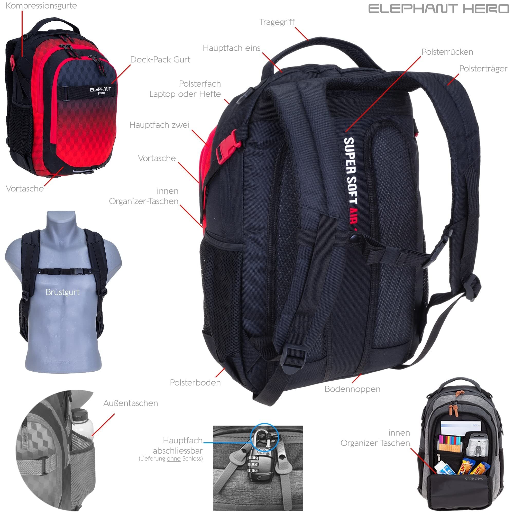 Elephant Schulrucksack Rucksack 3tlg.Set 12868 Red Cube +rsm | 3 Teile Bag Pack Rucksack Schultasche Sporttasche Mäppchen Box Schule Jungen Mädchen Laptopfach Rot Schwarz