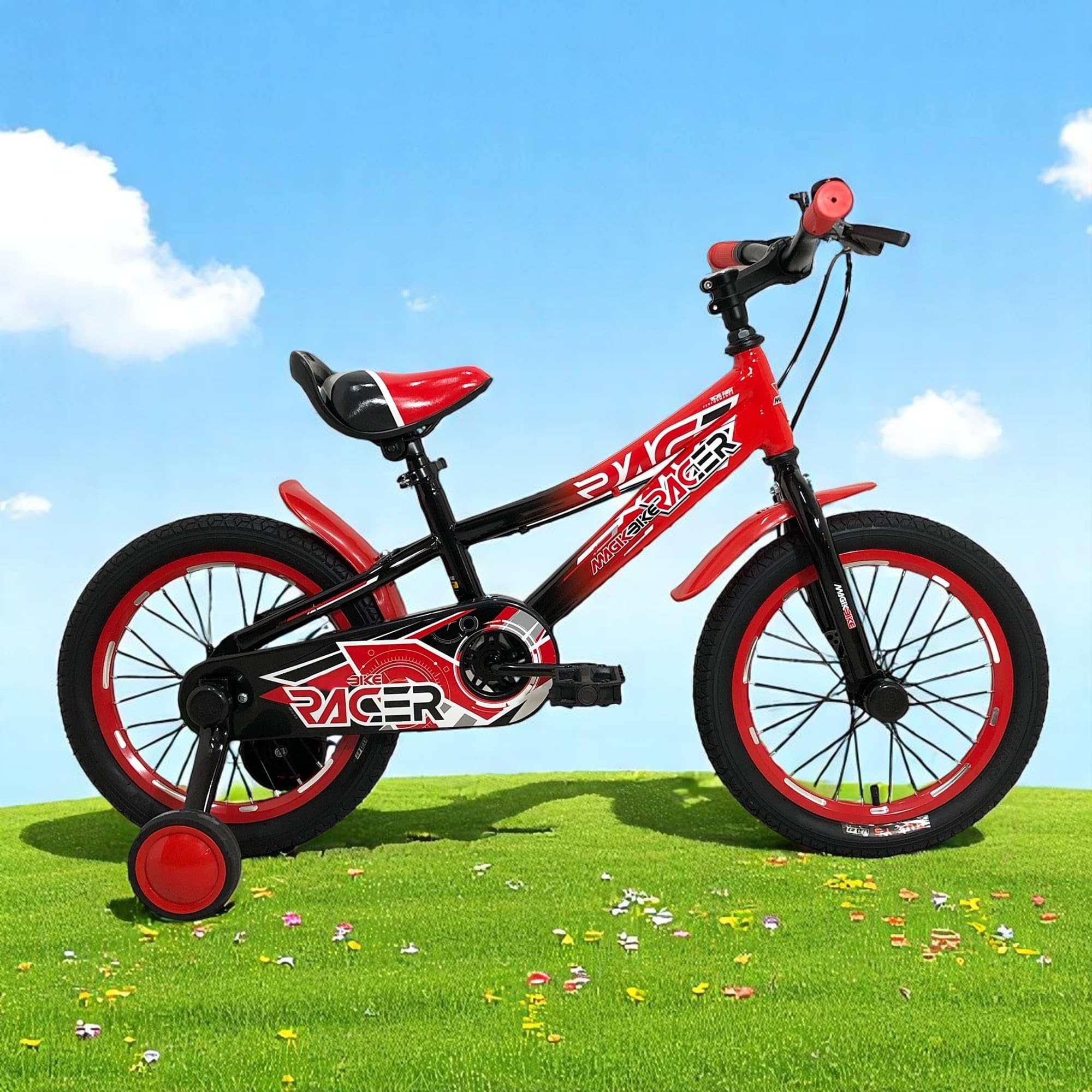 IBK Bicicletta Mountain Bike MTB Bici Bambino 12'' Pollici con rotelle stabilizzatori da Bimbo, Freni V-Brake, Rosso Nera